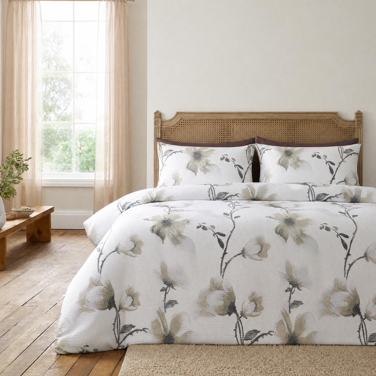 OHS Floral Print Waffle Duvet Cover Set Bedding - Silver - Double