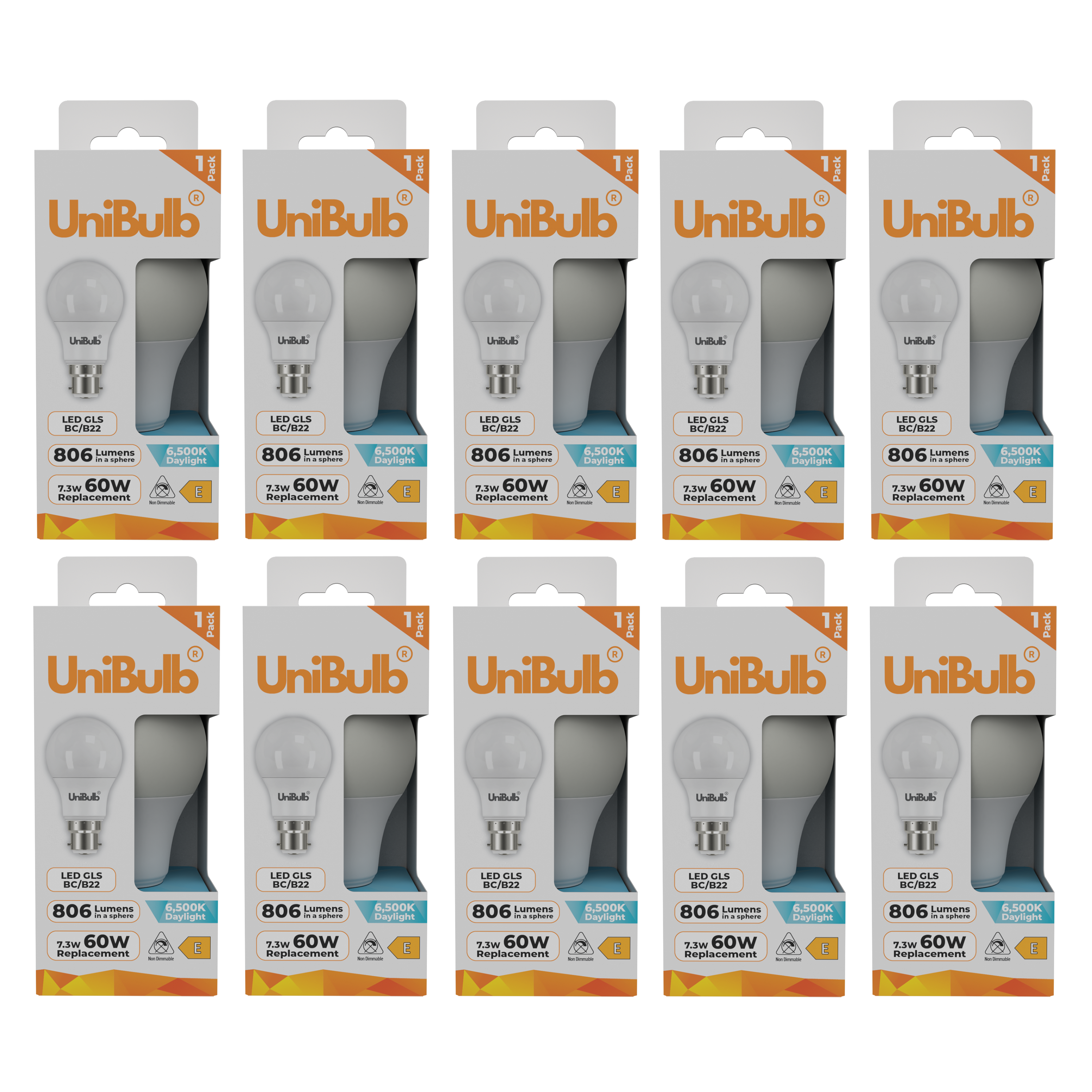 UniBulb 7.3W LED Daylight GLS B22 Light Bulb - Pack of 10