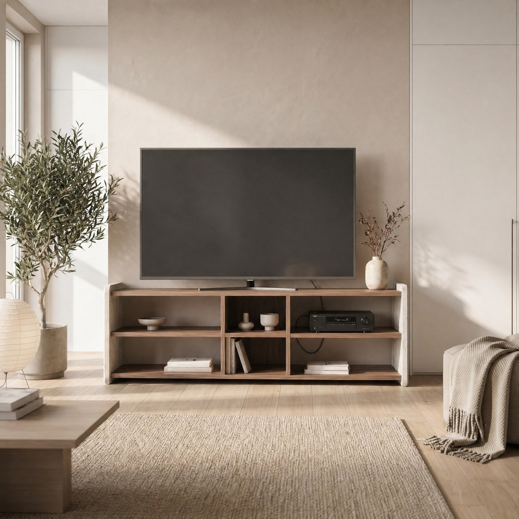 Decortie Bige Open Shelf TV Unit 150 cm - Whiskey Oak & Travertine