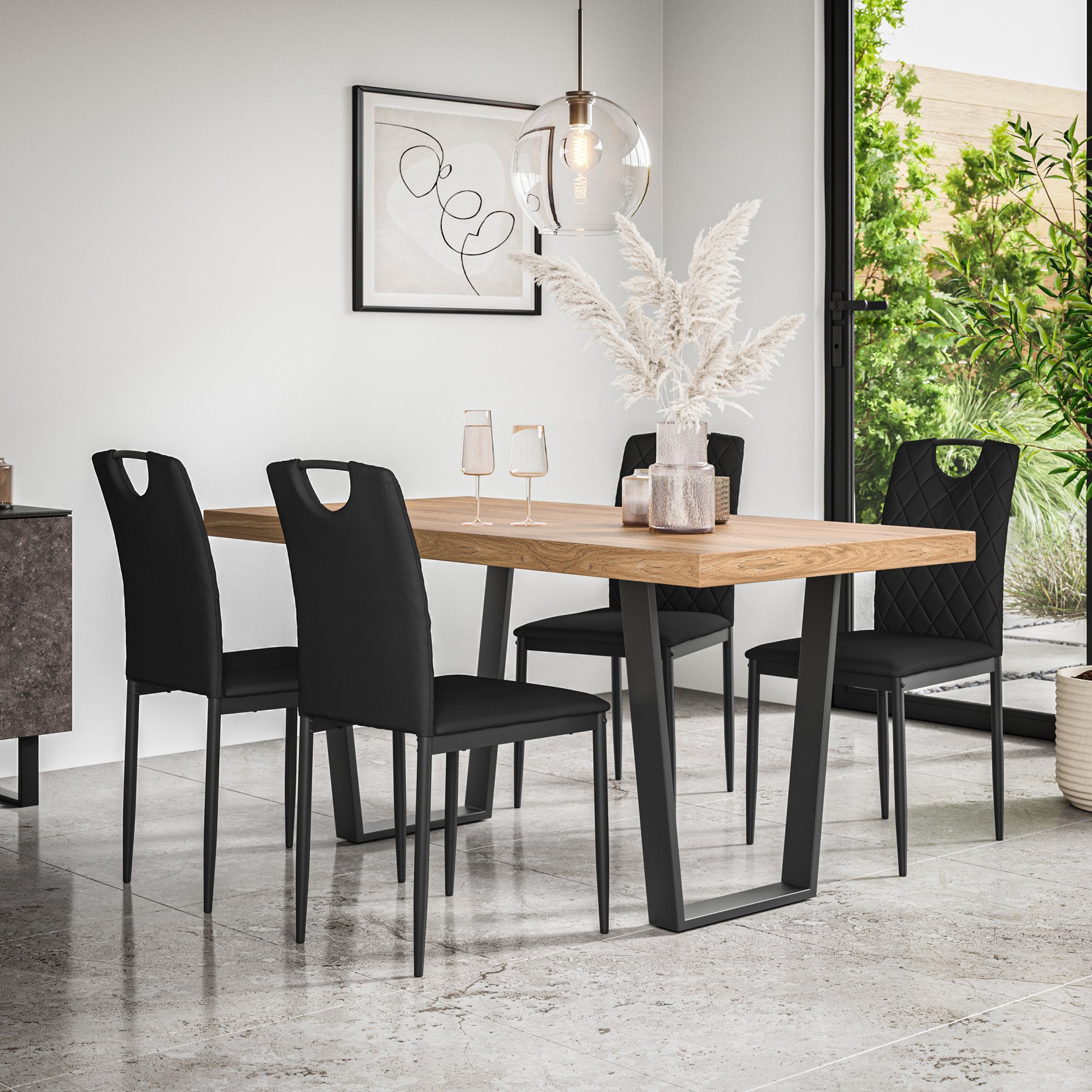 Furniture Online Aria Monza Oak Effect Dining Table & 4 Black Chairs
