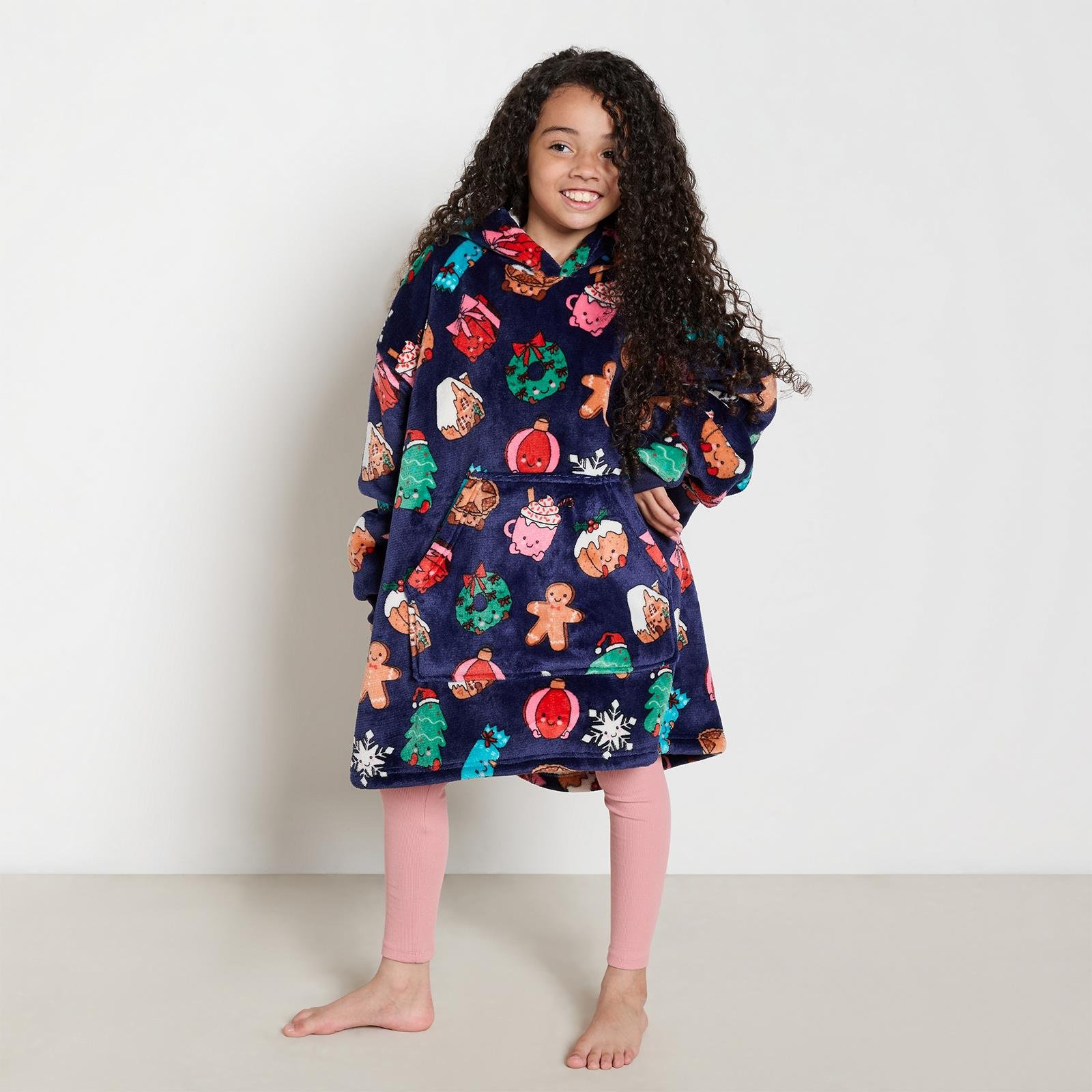 OHS Kids Xmas Sweetie Pies Print Hoodie Blanket - One Size - Navy