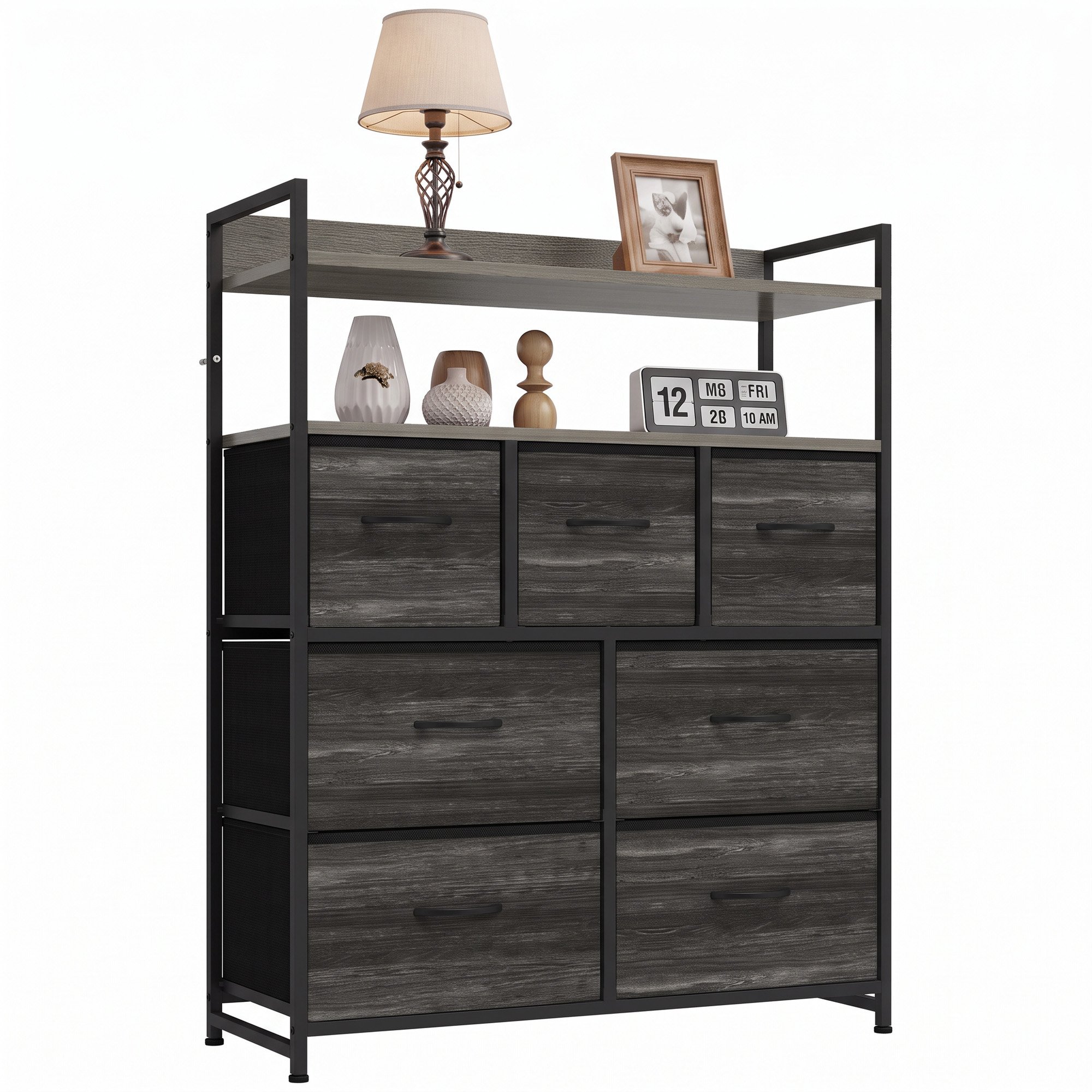 HOMCOM 7 Drawer Open Shelf Fabric Chest of Drawers – Grey Wood Effect