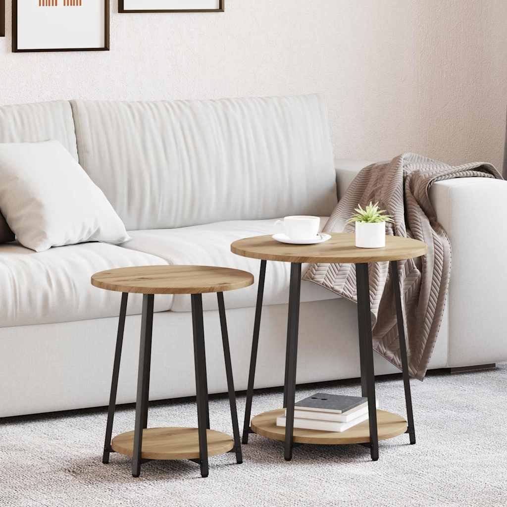 Walplus Pack of 2 Metal Side Table - Oak - 50 x 50 x 51 cm
