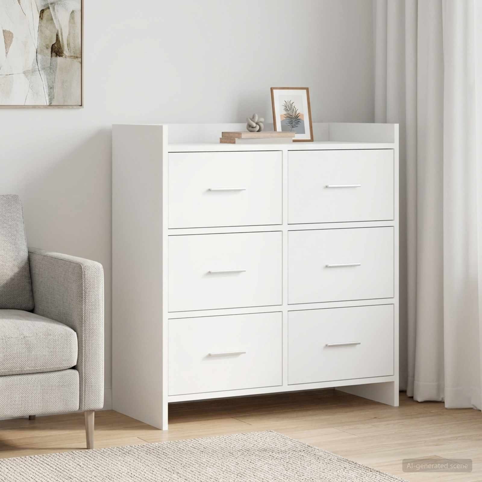 Walplus 6 Drawer Rectangular Engineered Wood Sideboard - White - 75 x 33 x 80 cm