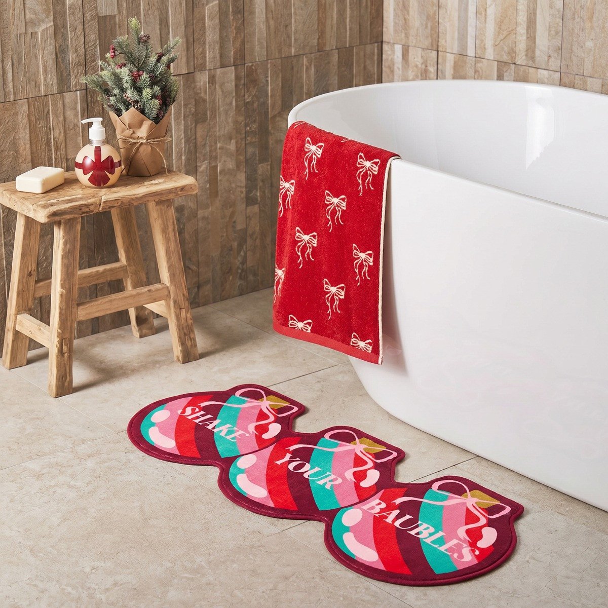 OHS Shake Your Baubles Slogan Christmas Bath Mat - 45 x 75cm - Multi