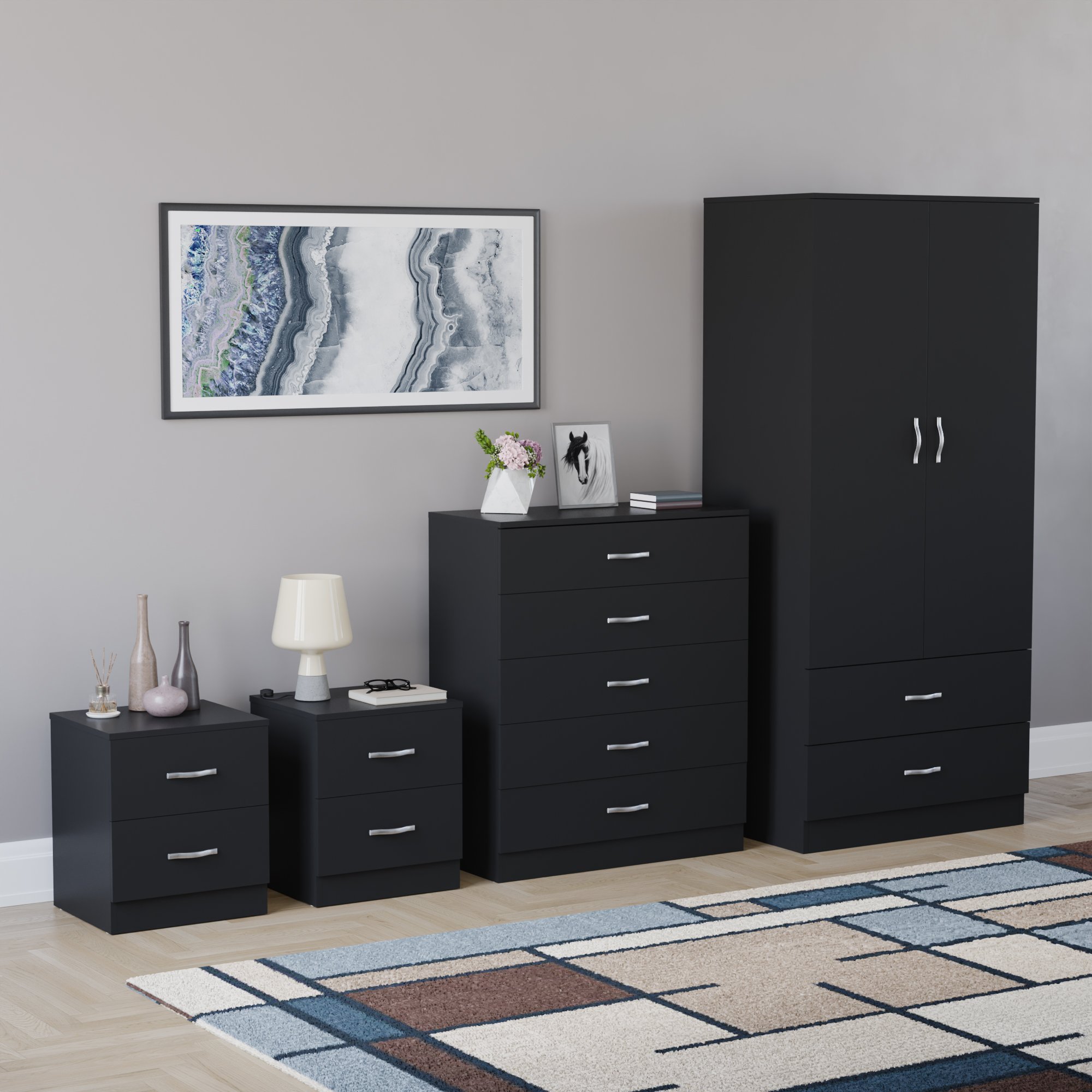 Vida Designs Riano Bedroom Set (Bedsides, 5 Drawer Chest, 2x2 Wardrobe) - Black