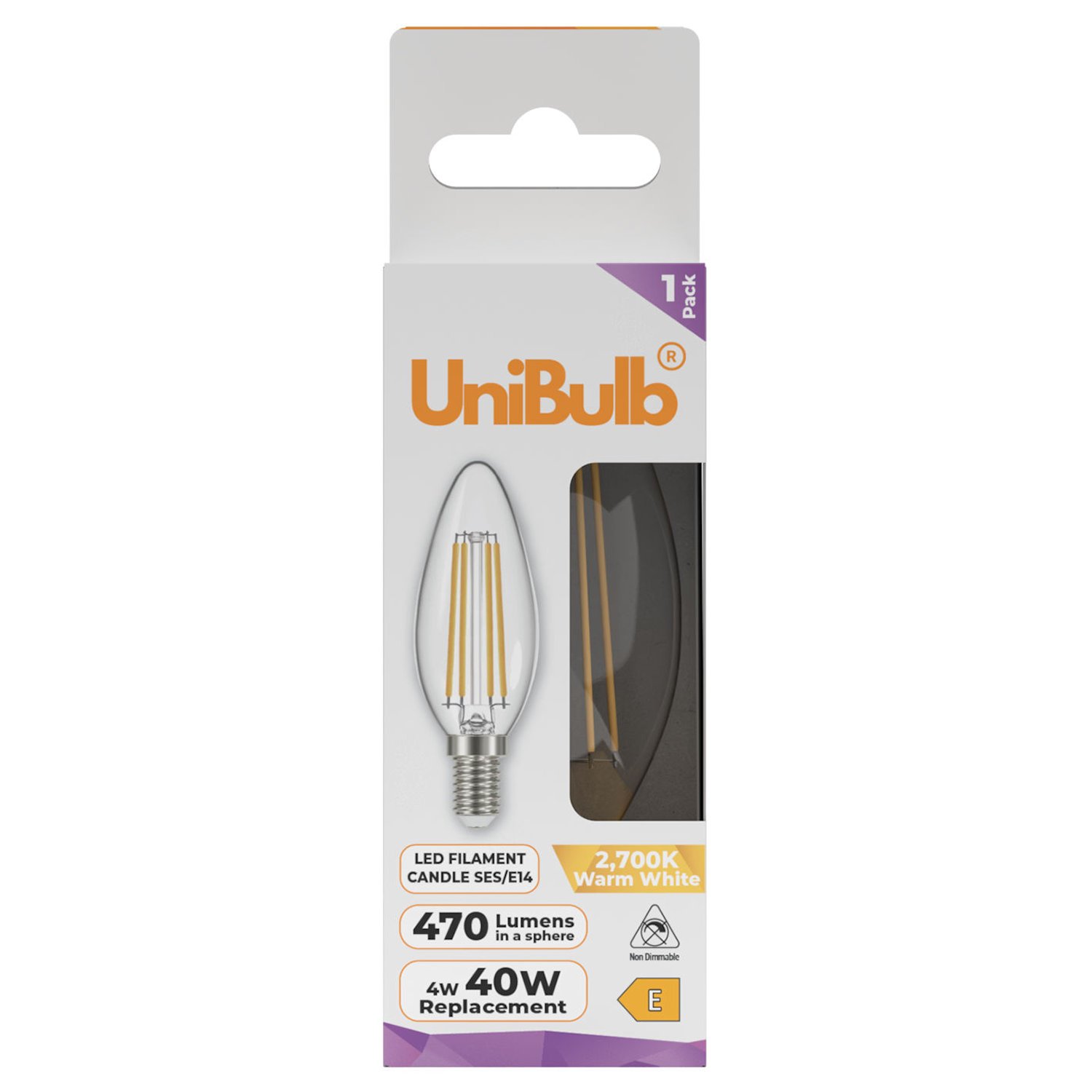 UniBulb 4W LED Warm White Filament Candle E14 Light Bulb