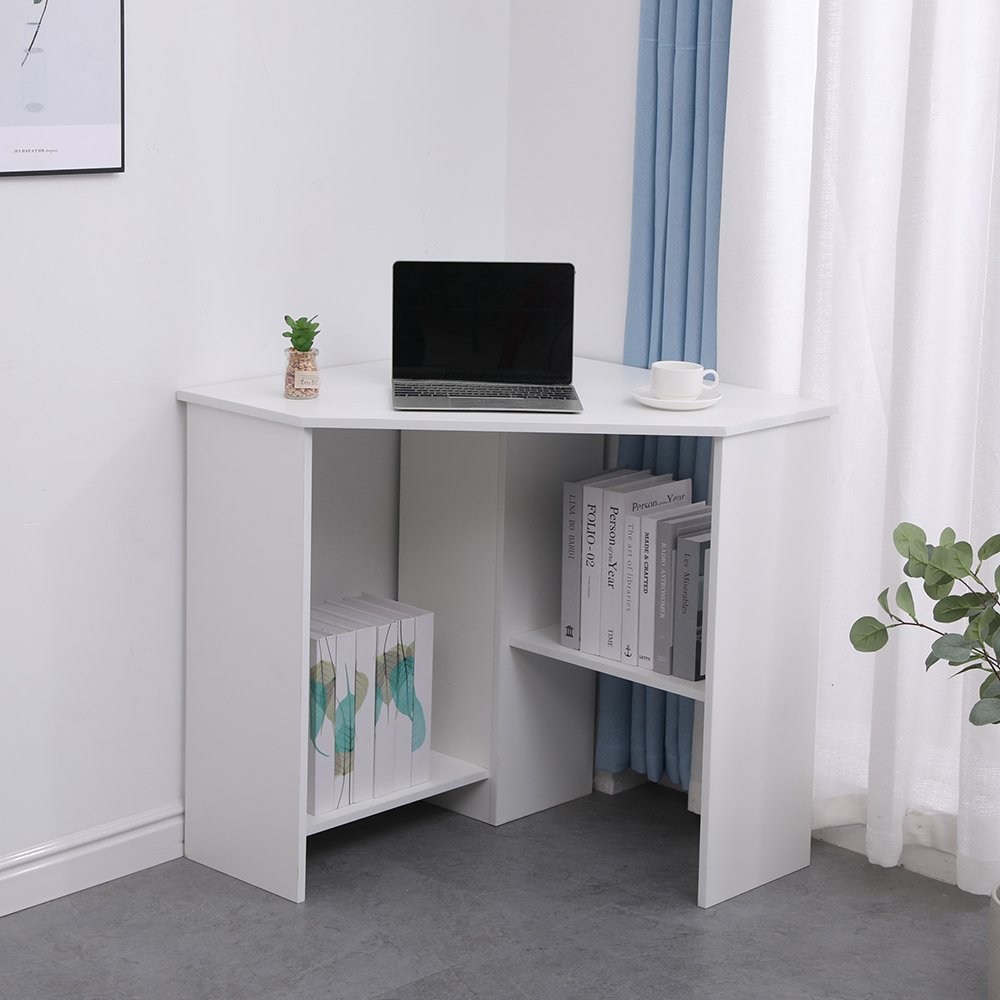 Home Source Wellington Compact Corner Desk with 2 Storage Shelves - White