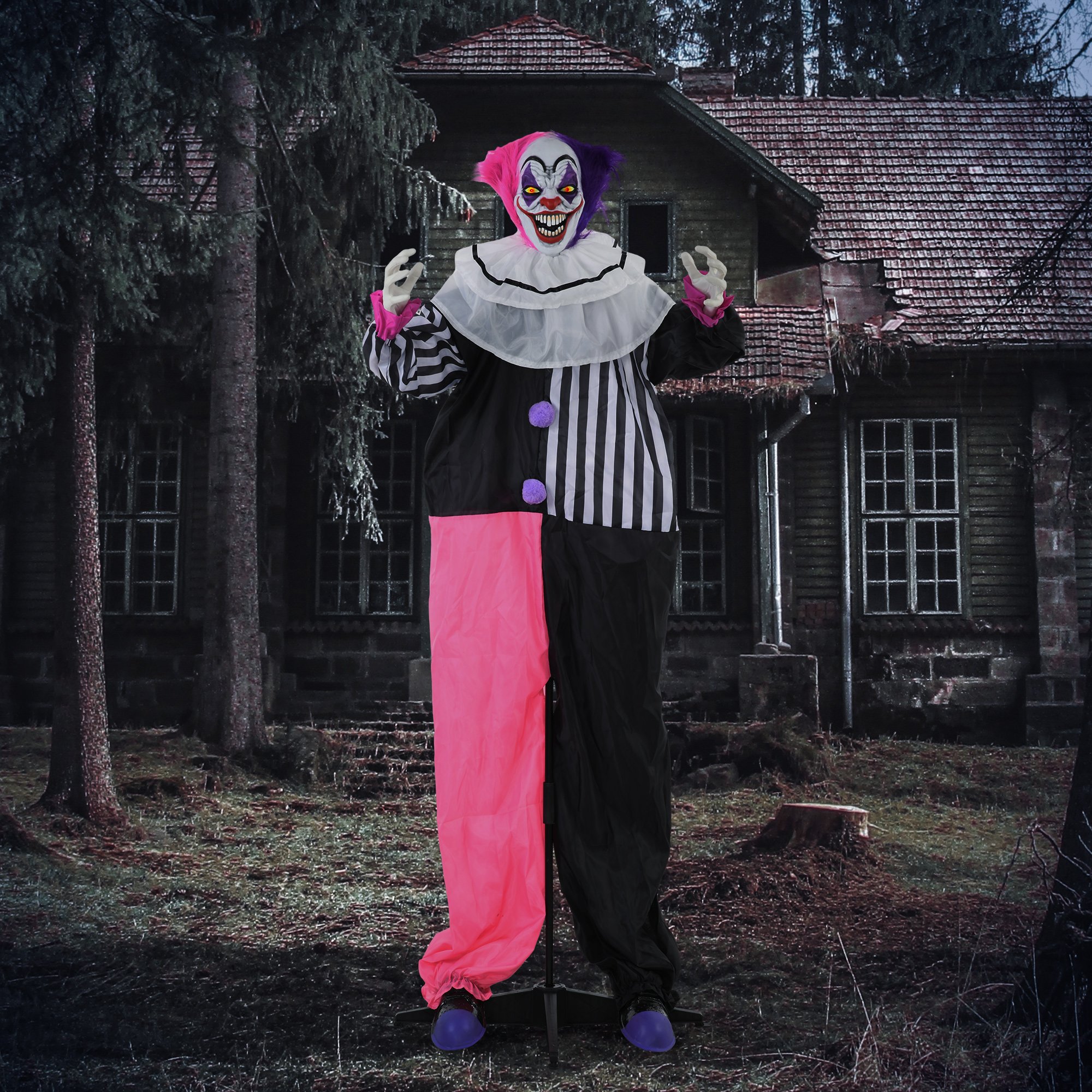 HOMCOM 5.7ft Animated Halloween Talking Circus Clown Decoration-Black Pink
