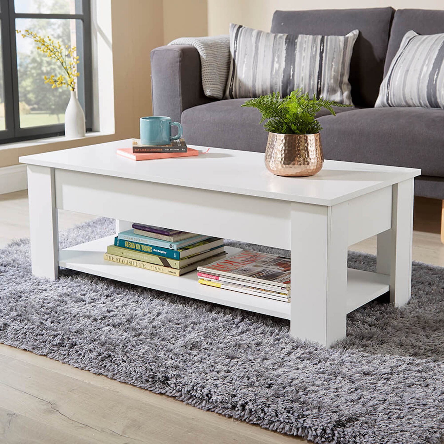 Home Source Orlando Lift Up Coffee Table with Storage Shelf - White