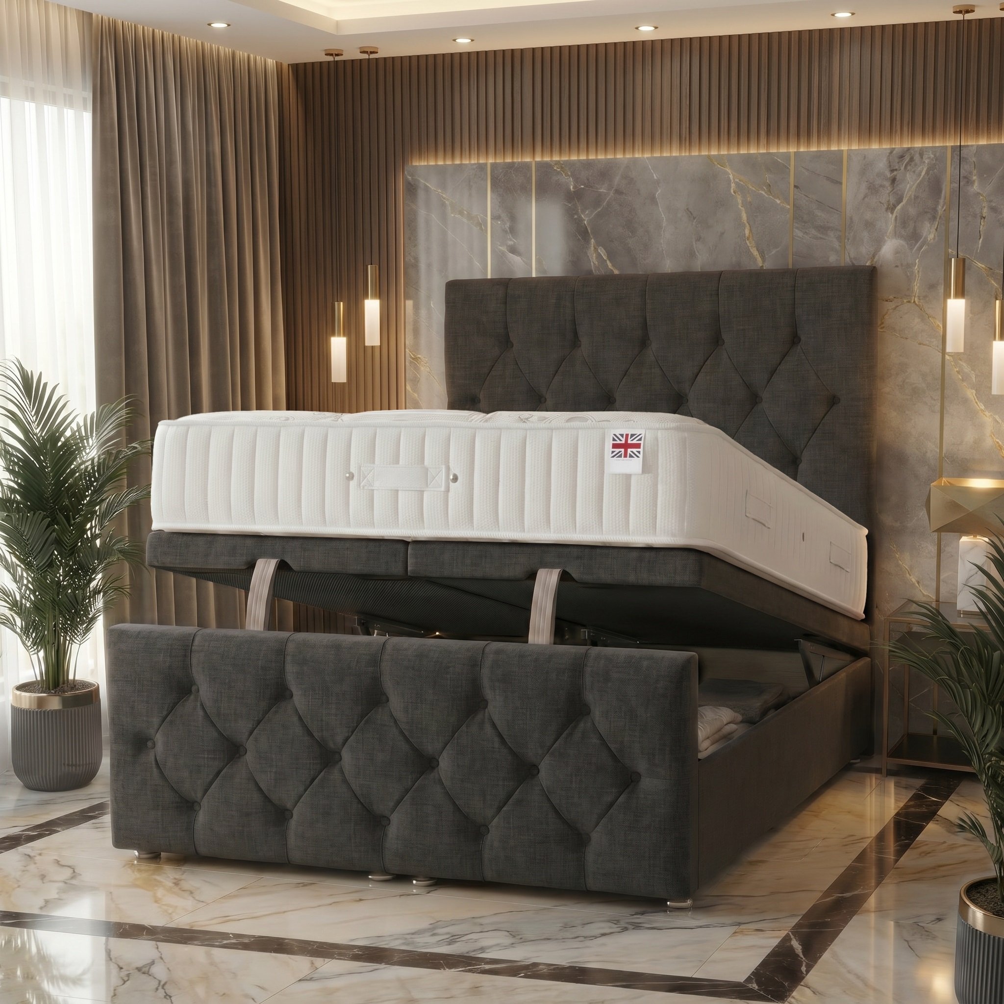 Somnior Chester Linen Small Single Ottoman Bed with Ortho Mattress - Charcoal