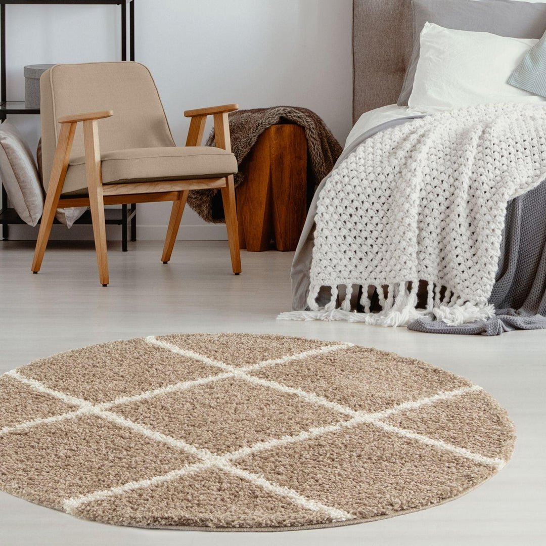 The Rugs Beige Moroccan Shaggy Diamond Round Rug - 120cm