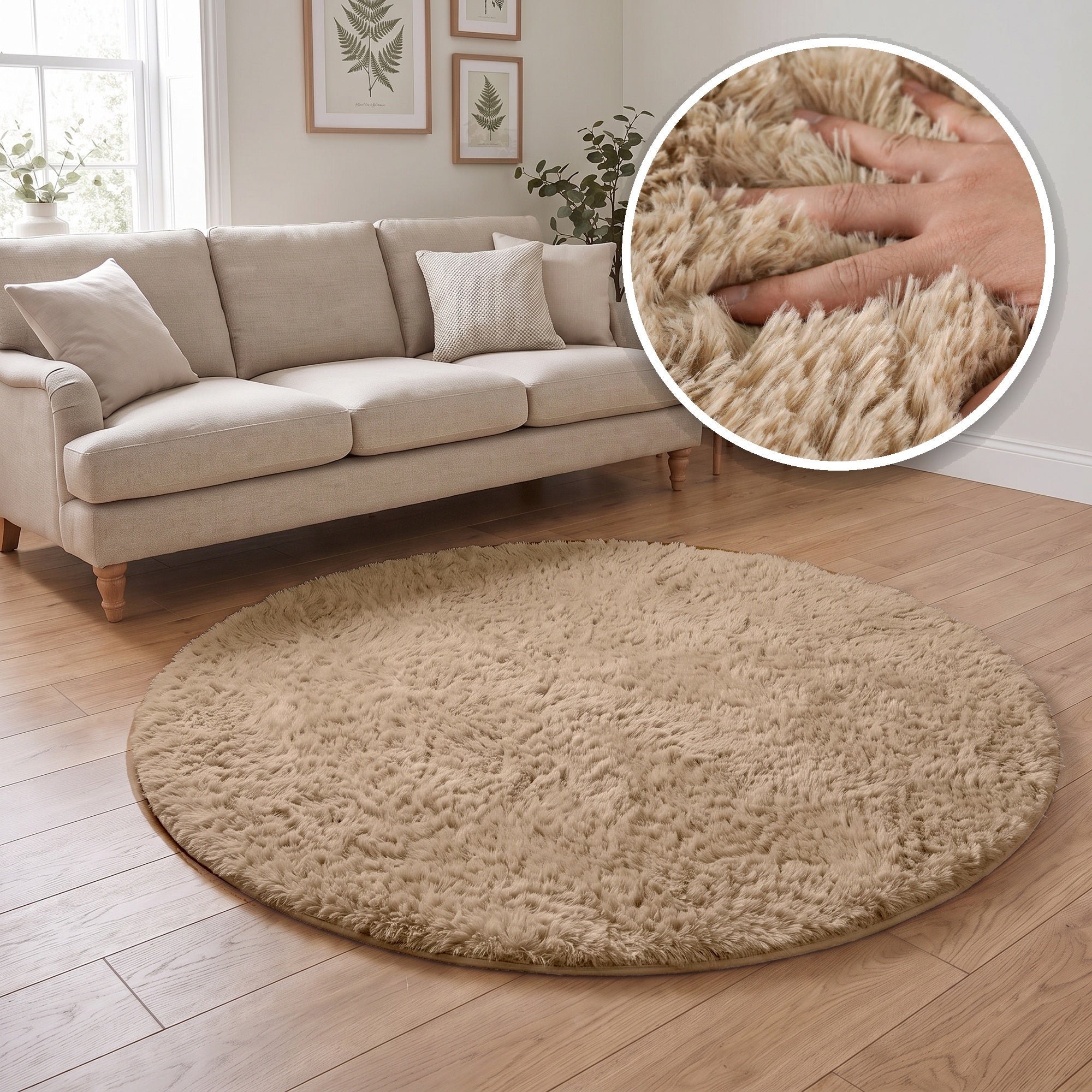 The Rugs Beige Lush Plain Washable Non Slip Shaggy Round Rug - 80cm