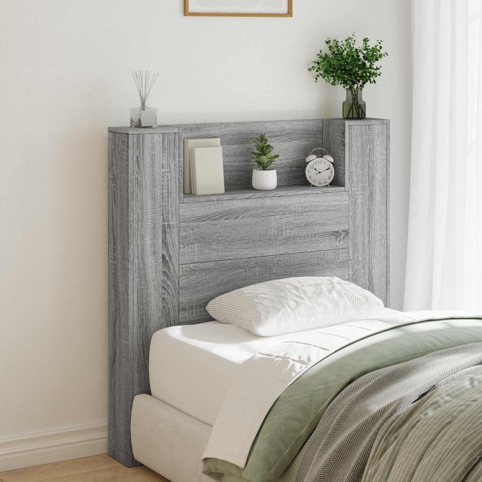 Walplus Wood LED Storage Headboard - Grey and Oak - 100 x 16.5 x 103.5 cm