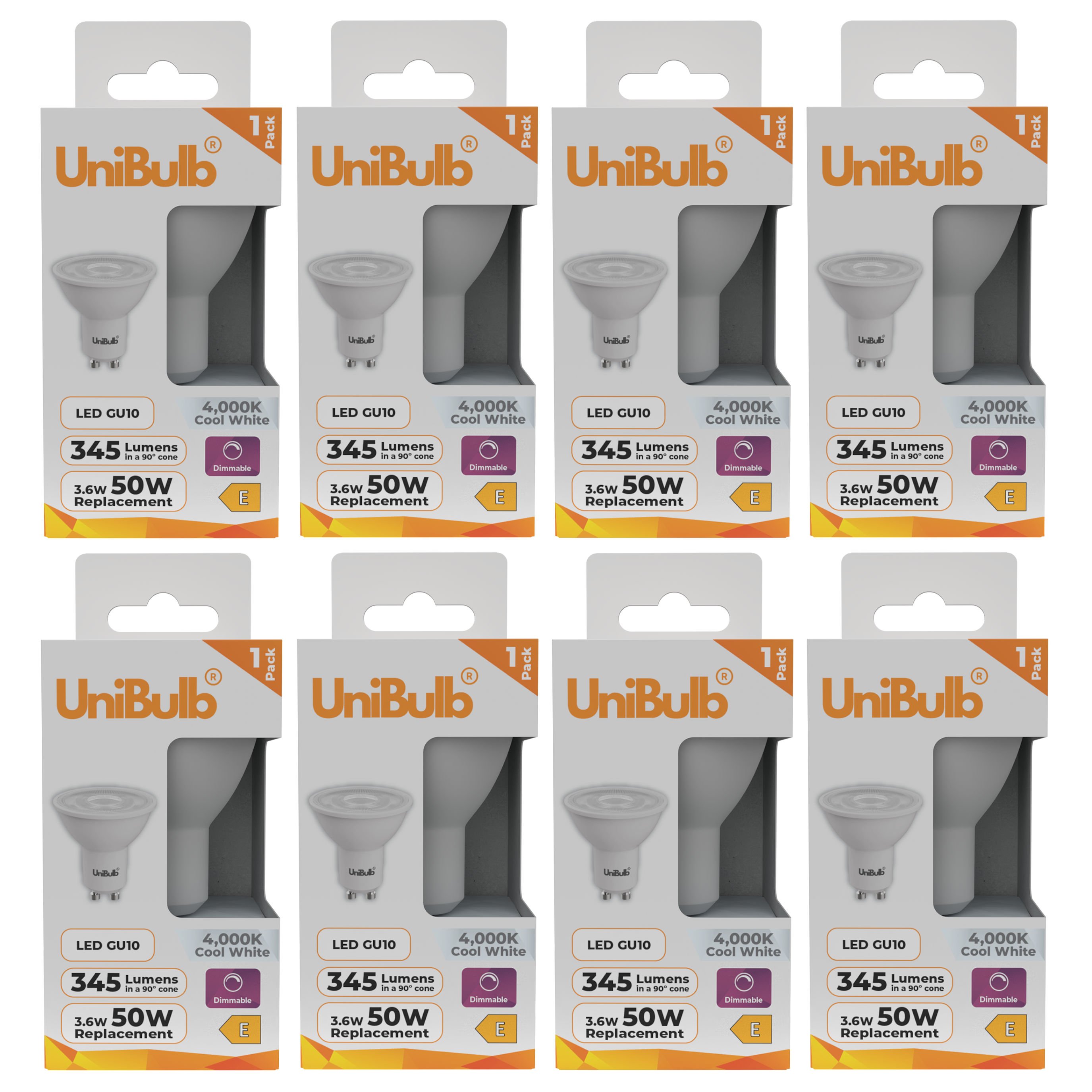 UniBulb 3.6W LED Cool White Dimmable Spotlight GU10 Light Bulb - Pack of 8