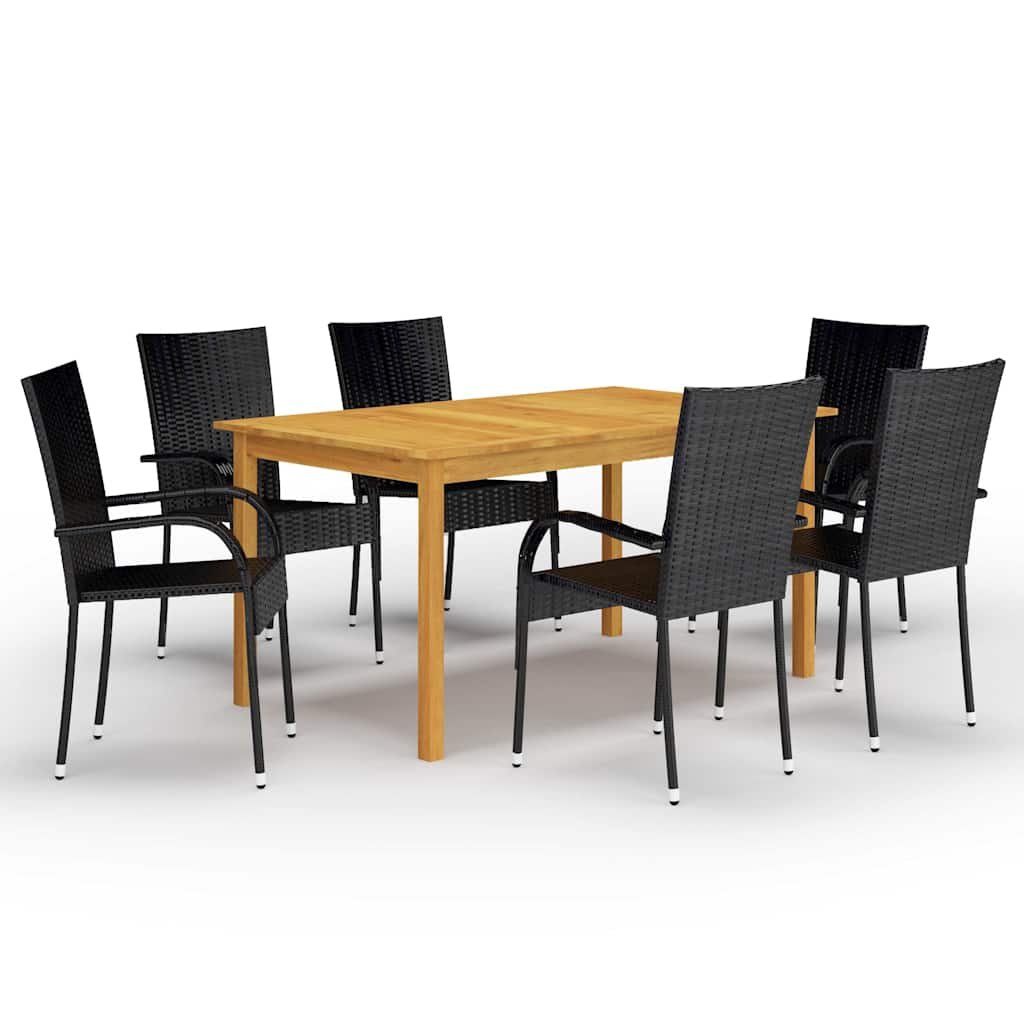 Walplus 7 Piece Solid Acacia Wood Garden Dining Set - Black - 150 x 90 x 74 cm