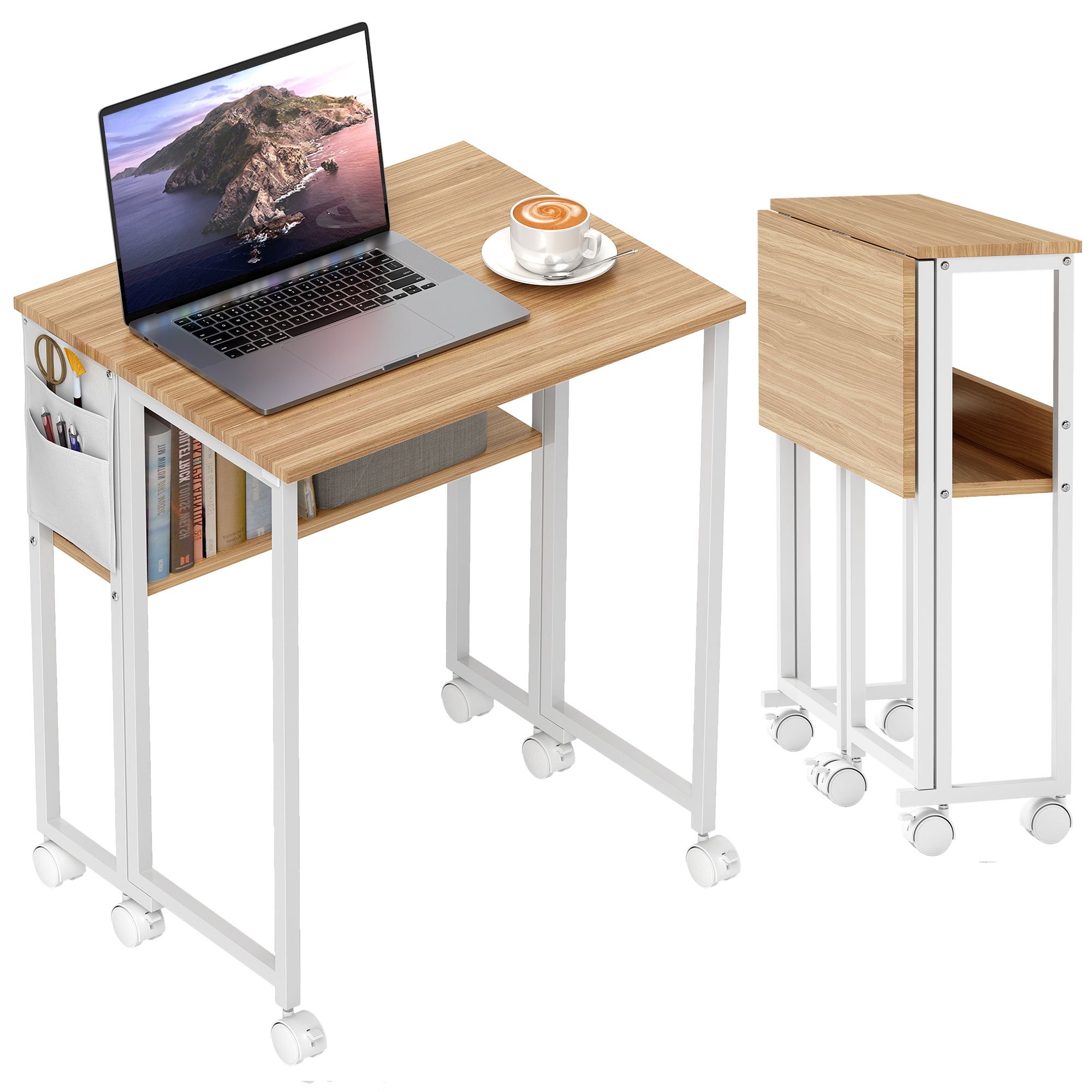 HOMCOM Foldable Office Desk with Wheels - Natural Wood