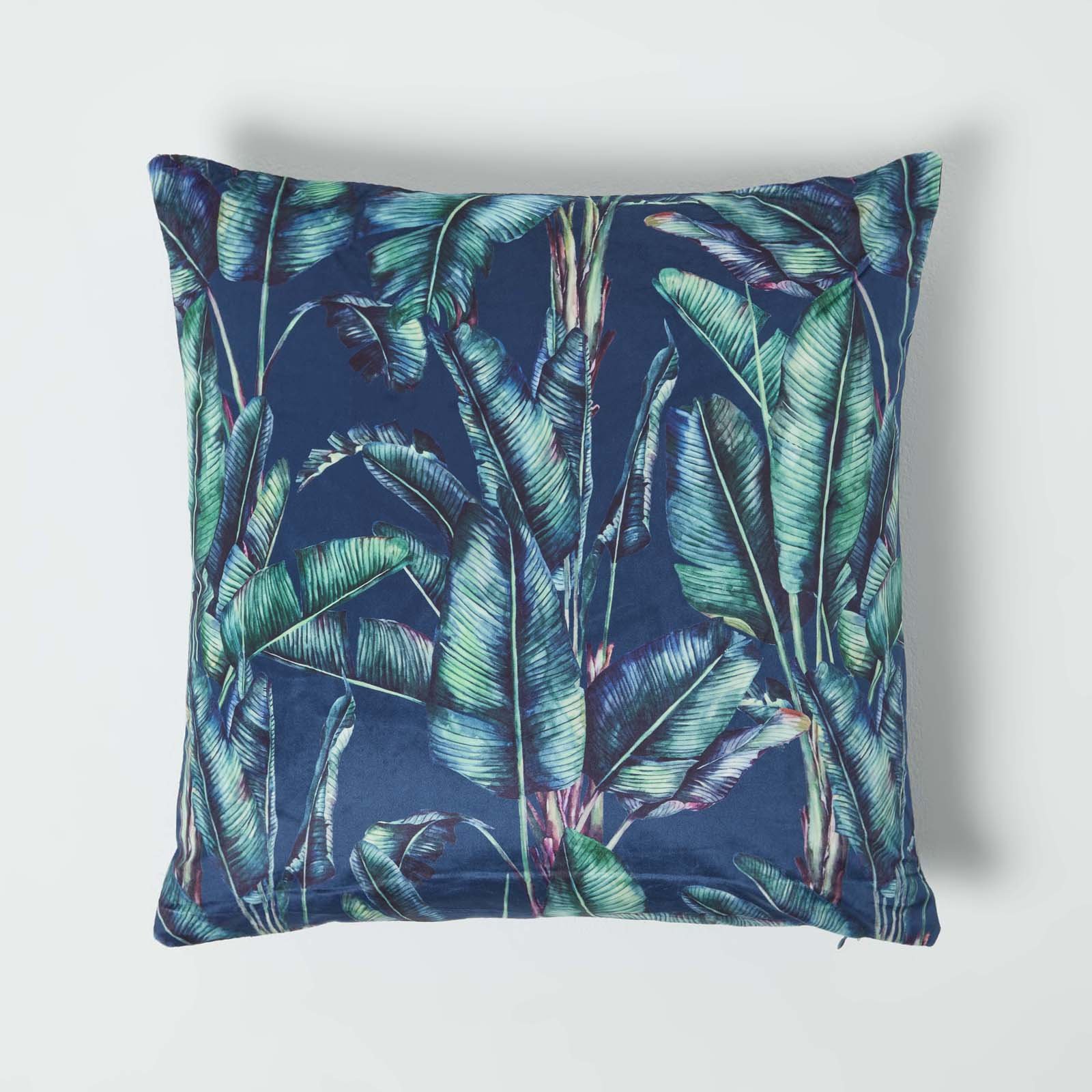 Homescapes Navy Tropical Banana Leaf Velvet Filled Cushion