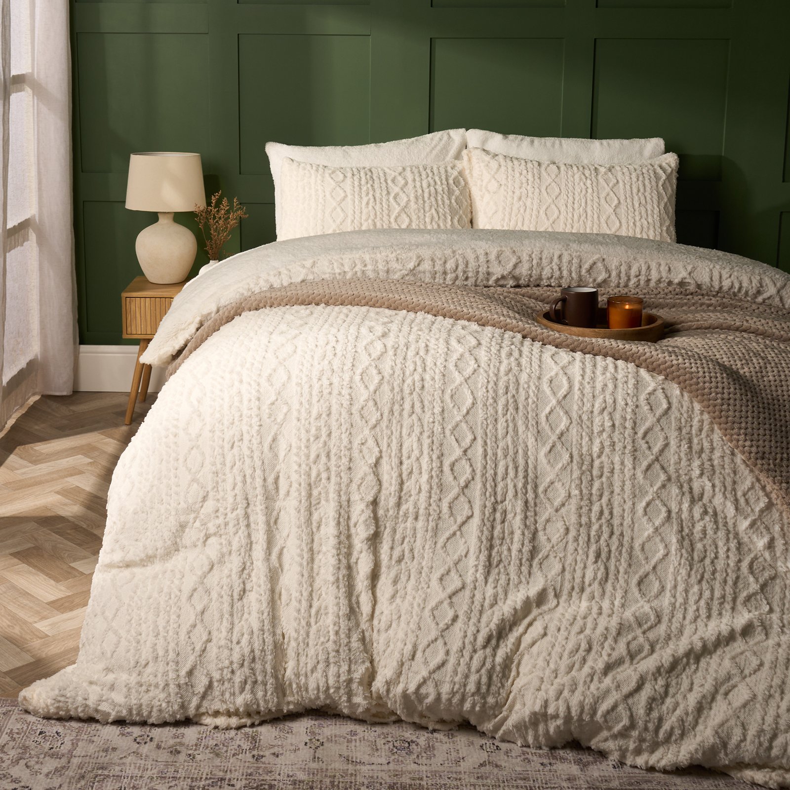OHS Cable Knit Fleece Duvet Cover Set Bedding Cream - King