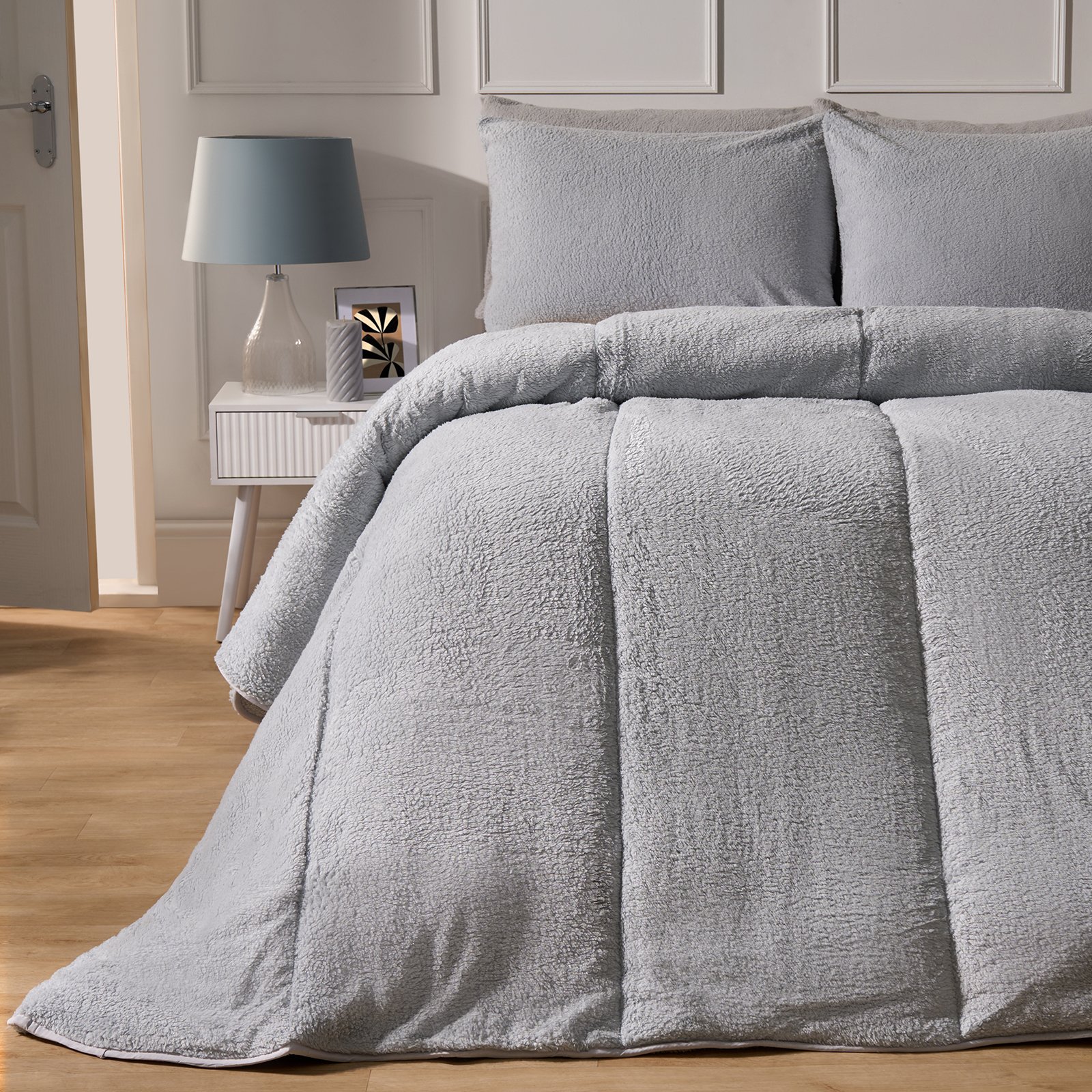 OHS Teddy Fleece 10.5 Tog Thermal Coverless Duvet Set Silver - Double