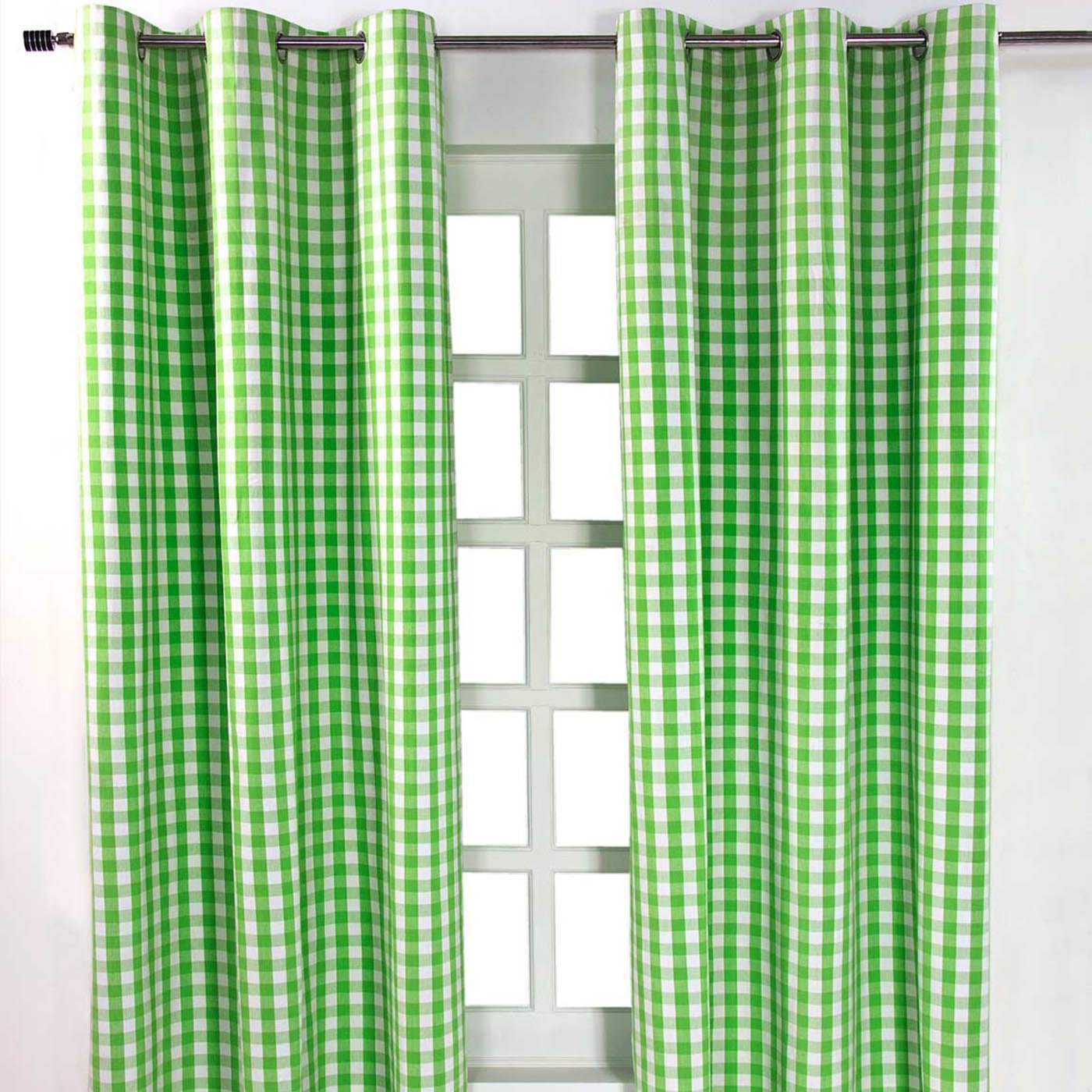 Homescapes Green Cotton Block Check Gingham Eyelet Curtains - 137cm x 182cm