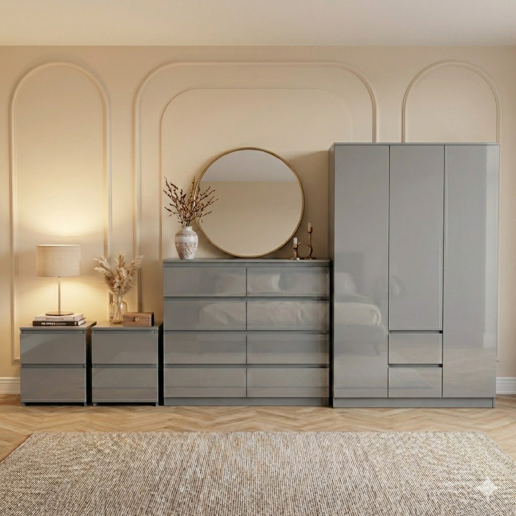 Vida Designs Glinton Bedroom Set (2x Bedside, 8 Drawer Chest, Wardrobe) - Grey