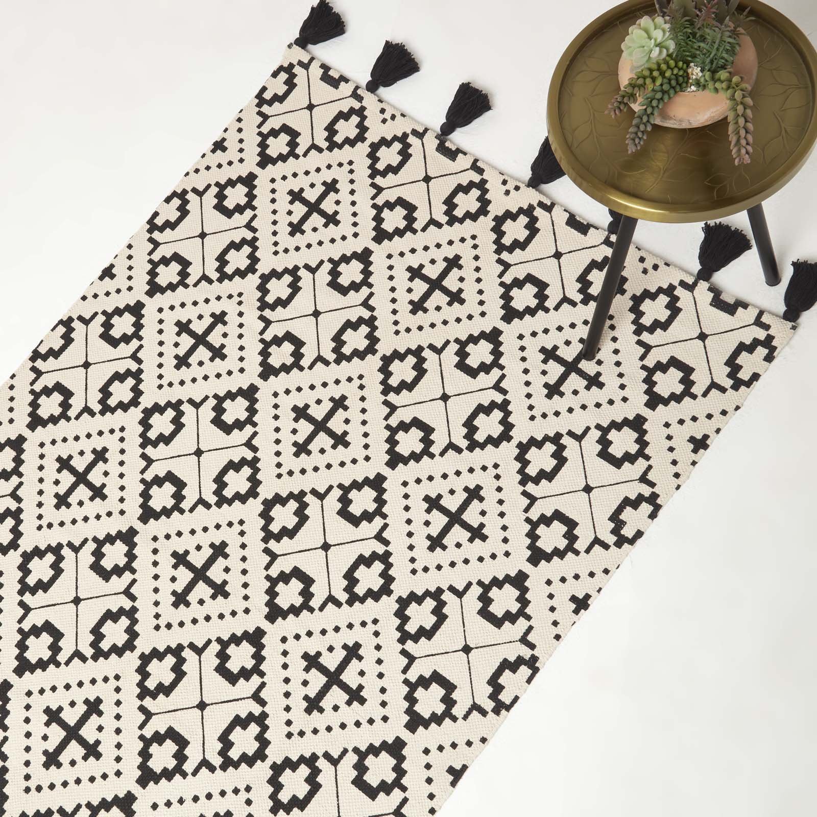 Homescapes Black White Reva Handwoven Cotton Geometric Rug - 90 x 150cm