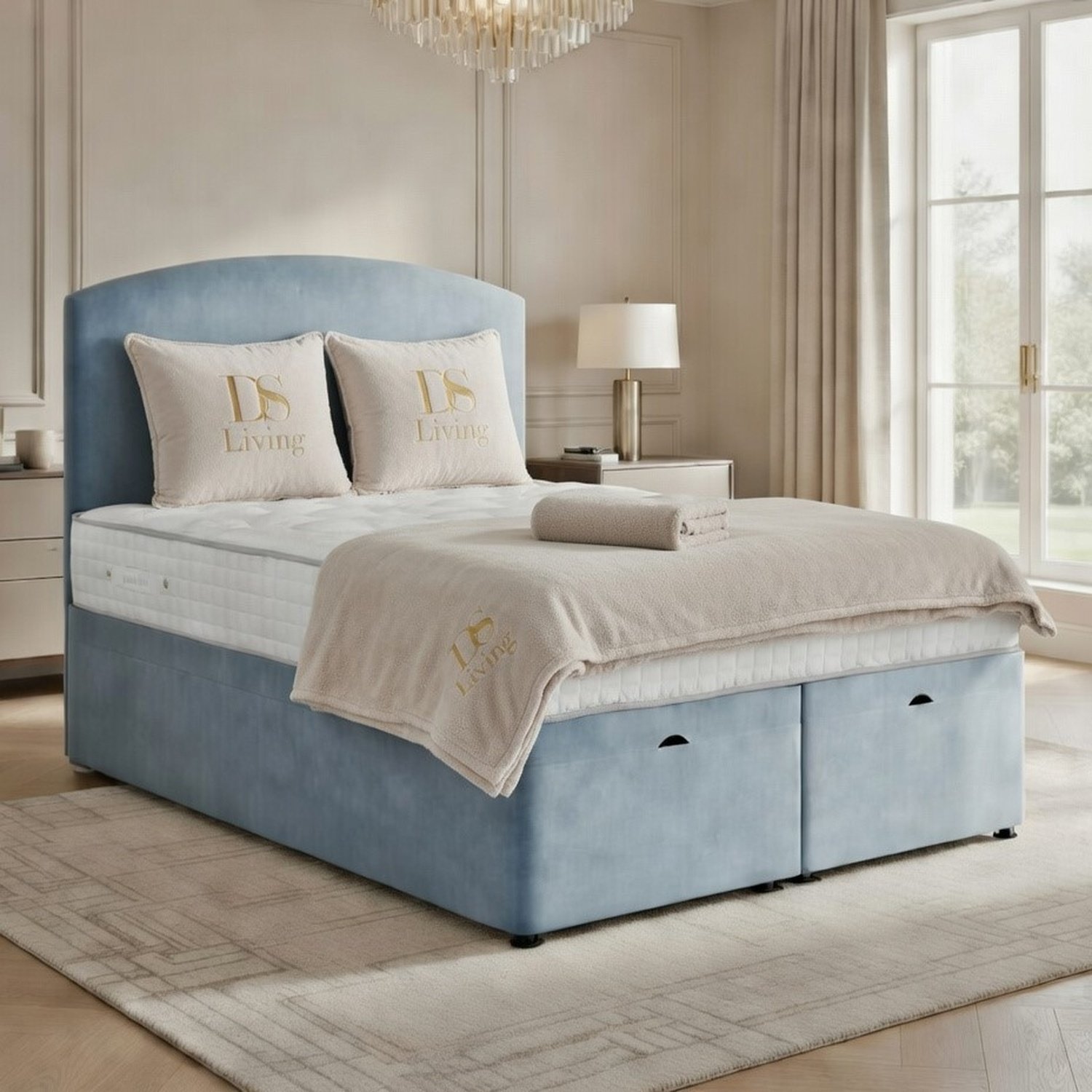 DS Living Opulence King Size Upholstered Ottoman Bed Frame - Sky Blue