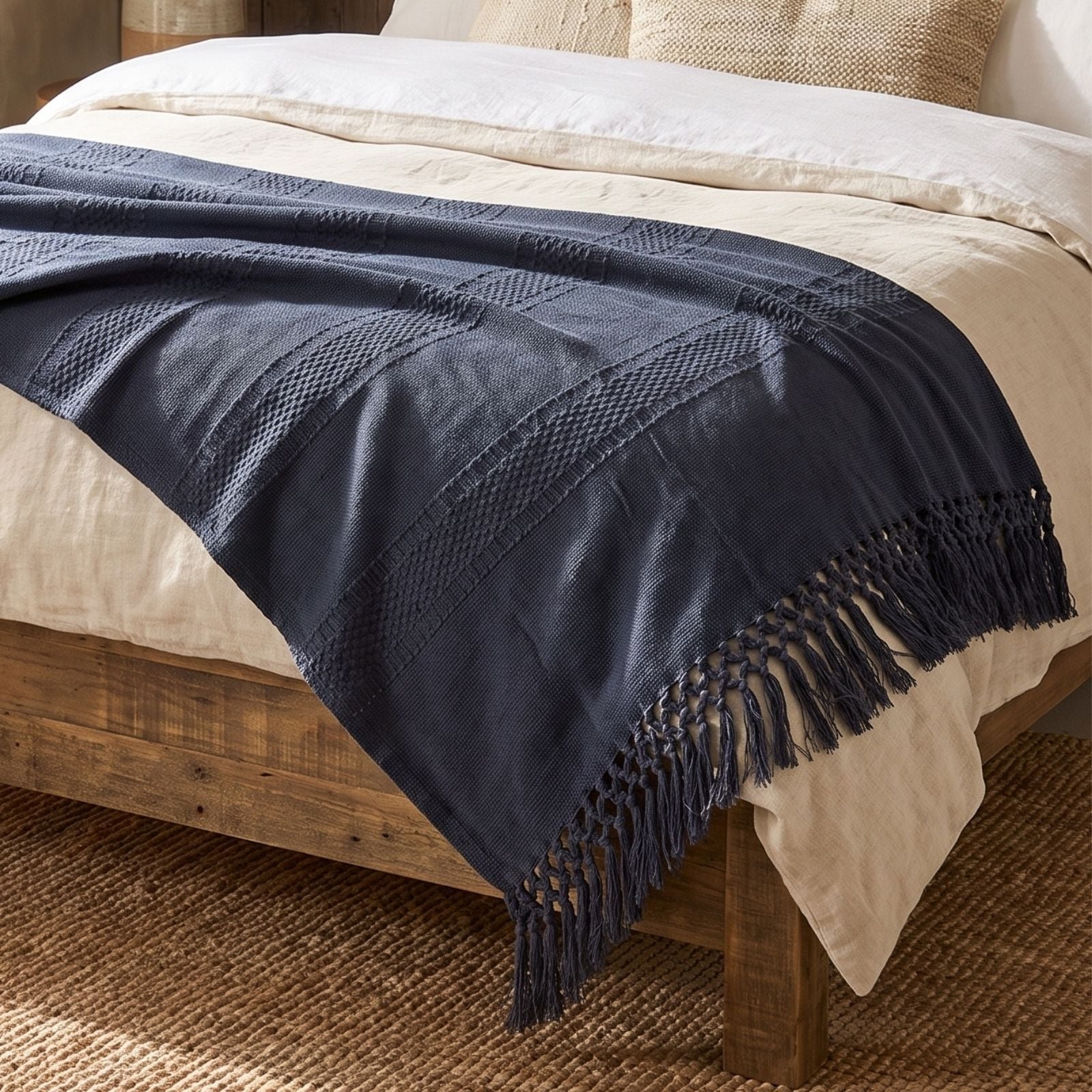 Homescapes Cotton Kashi Textured Throw - 255 x 360 cm - Navy