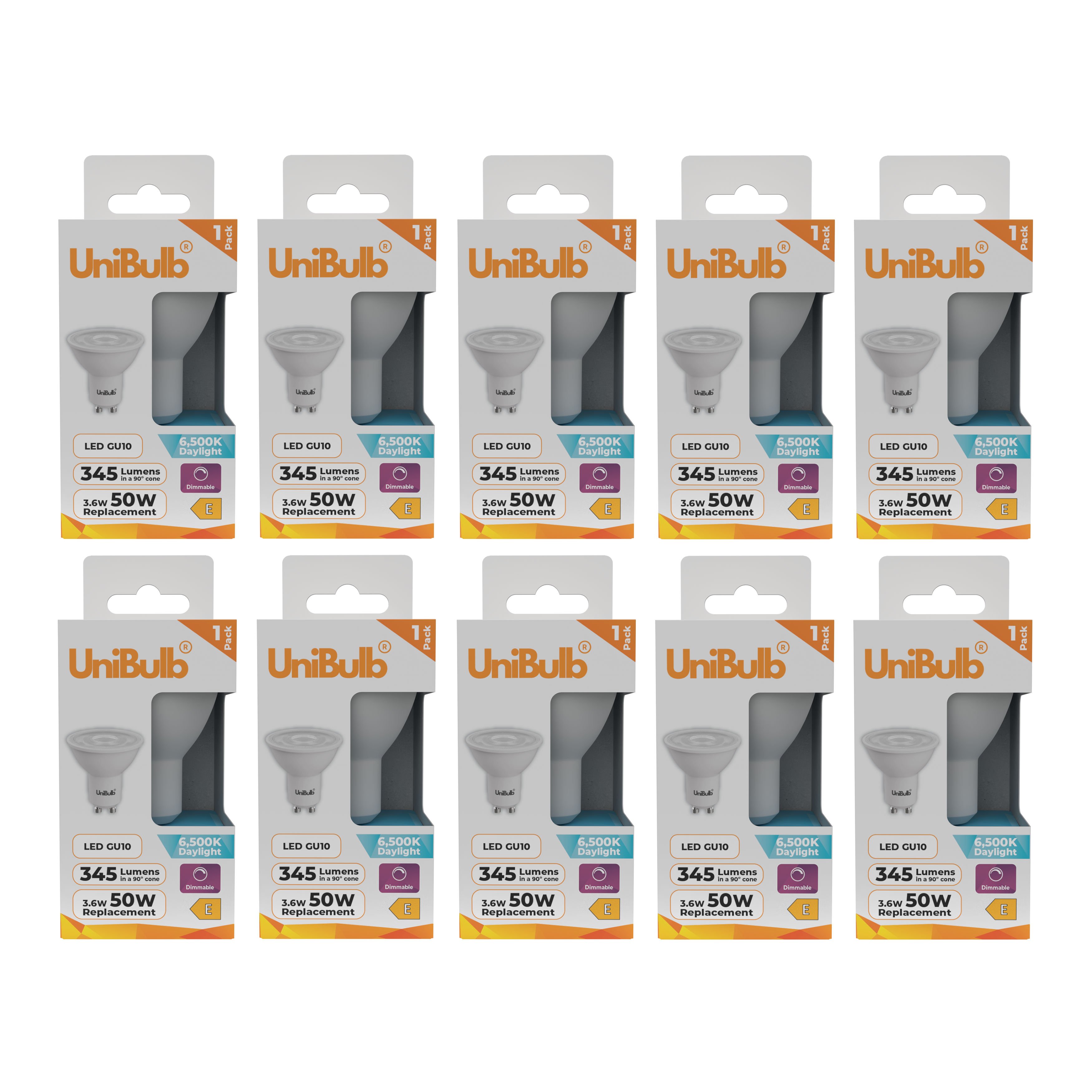 UniBulb 3.6W LED Daylight Dimmable Spotlight GU10 Light Bulb - Pack of 10