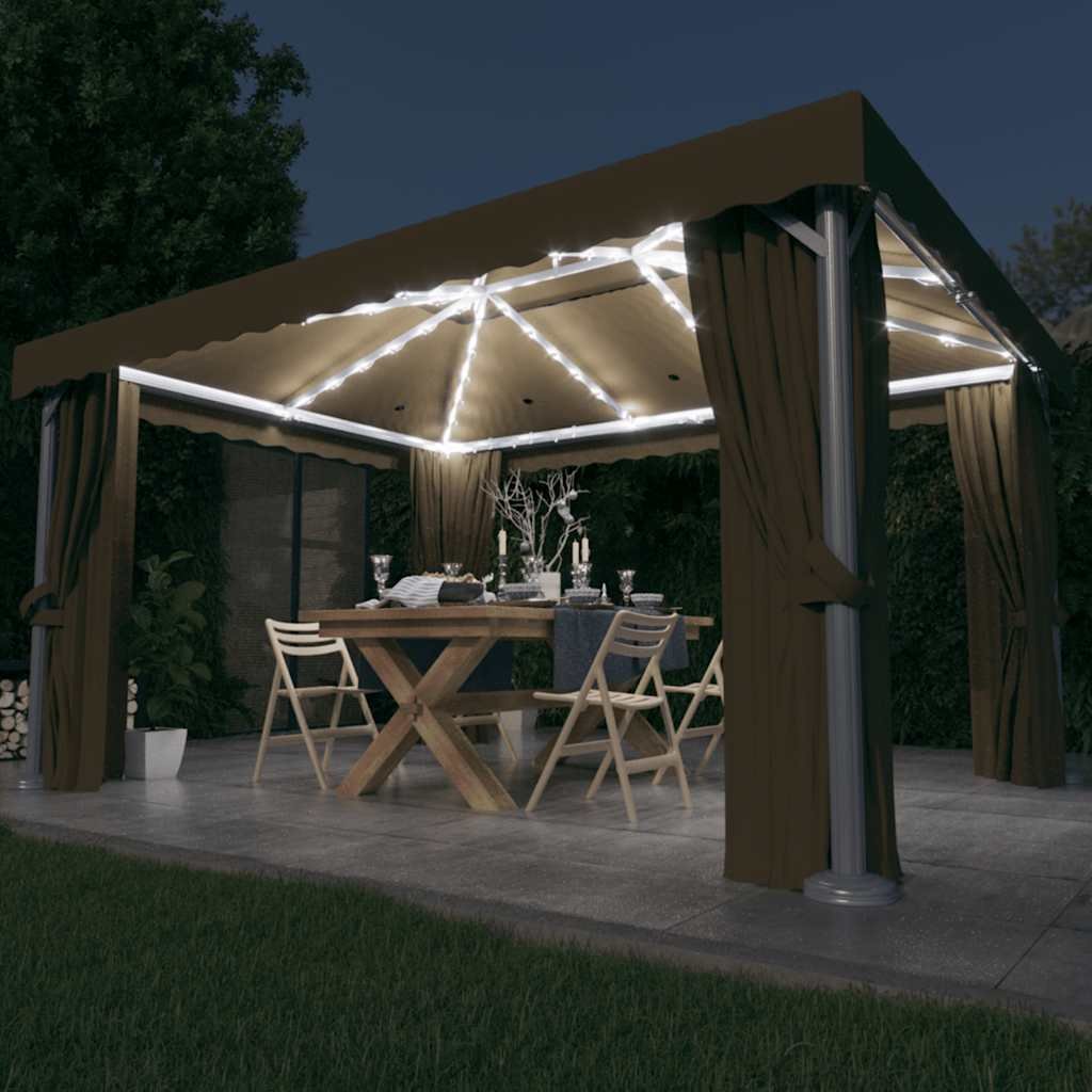 Walplus 4 x 3 m Gazebo with Curtain and LED String Lights - Taupe