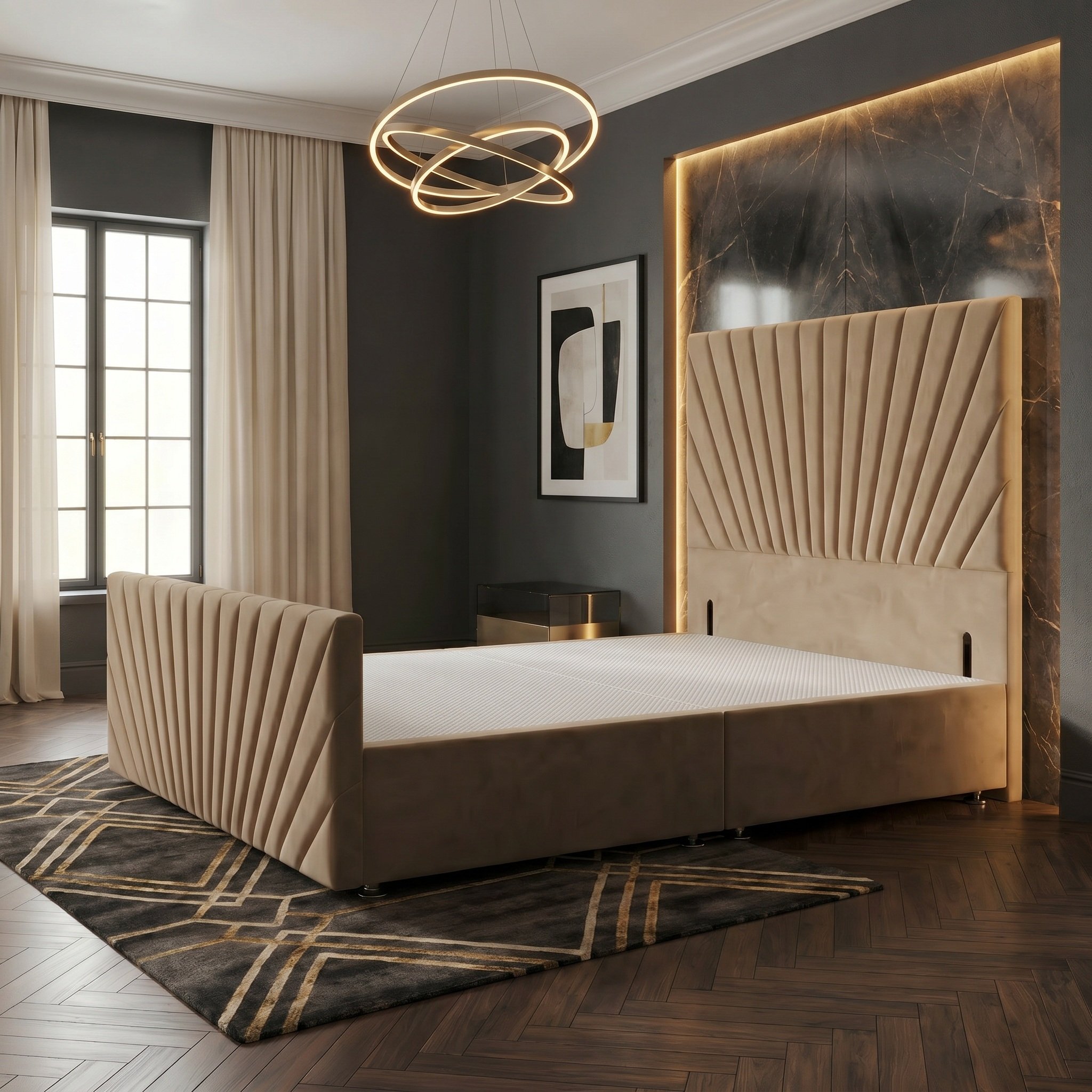 Somnior Velvet Small Single Divan Bed with Footboard & Headboard - Beige