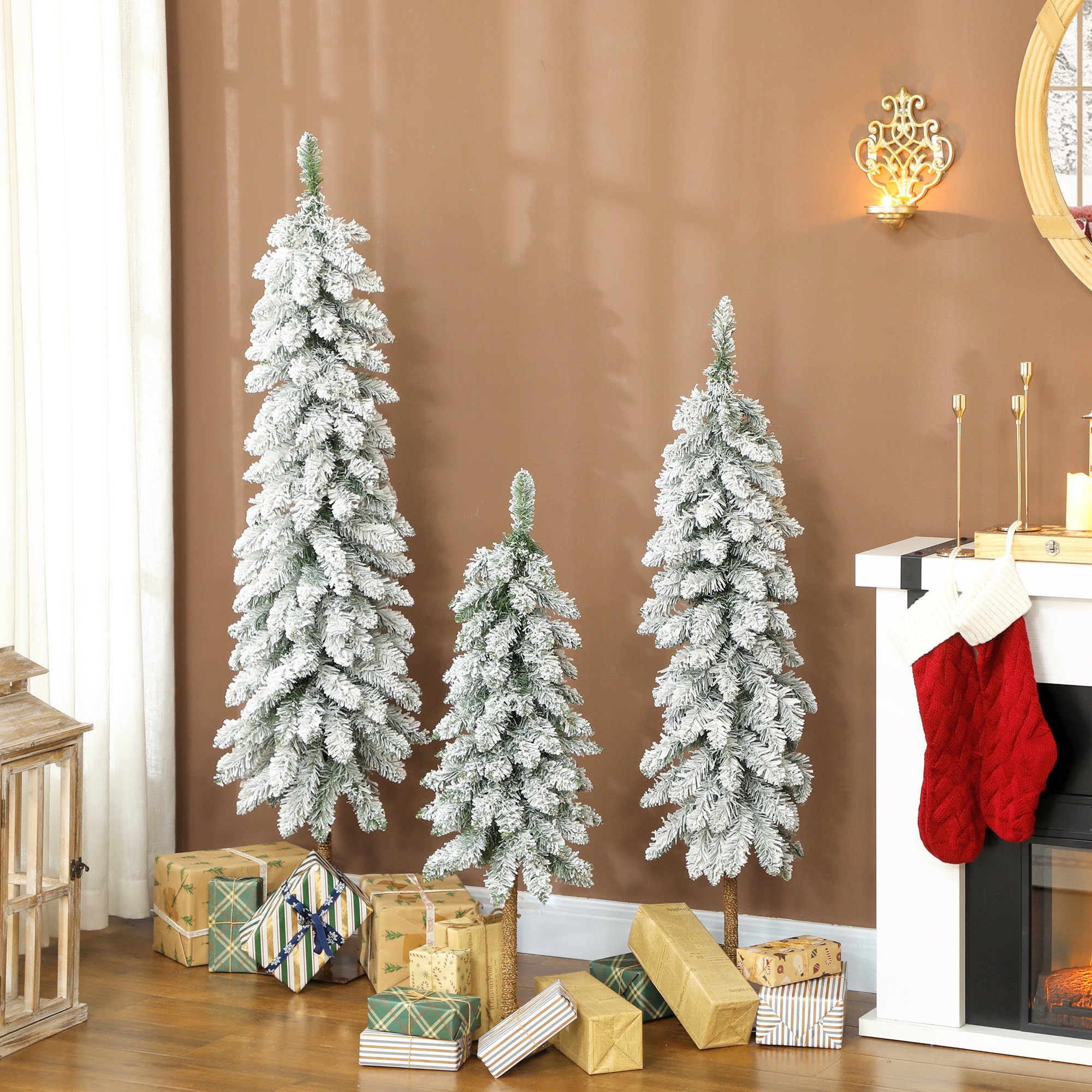 HOMCOM Set of 3 Slim Flocked Pencil Christmas Trees 3ft 4ft 5ft - Green