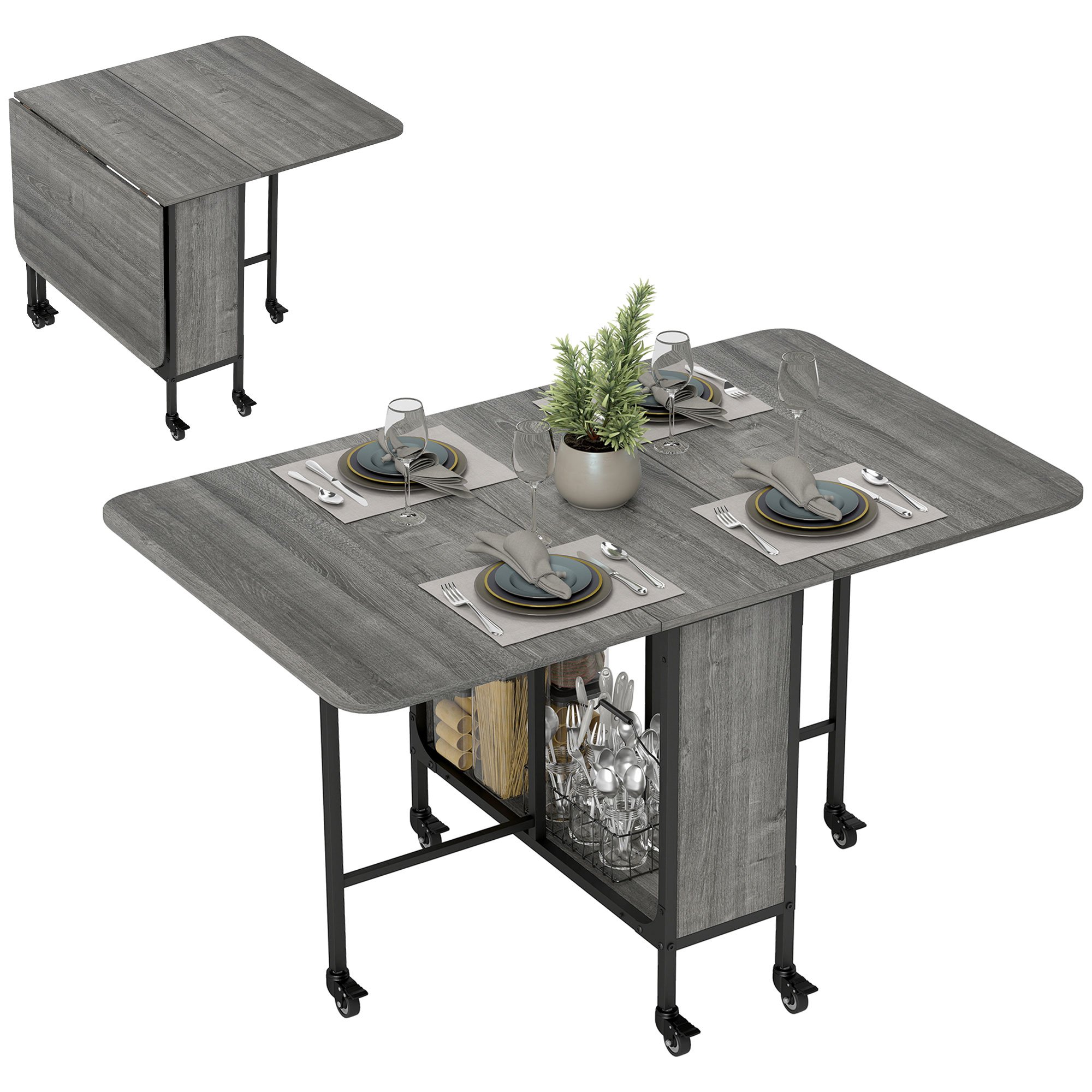 HOMCOM Mobile Drop Leaf Table with 6 Wheels and Shelf - Grey