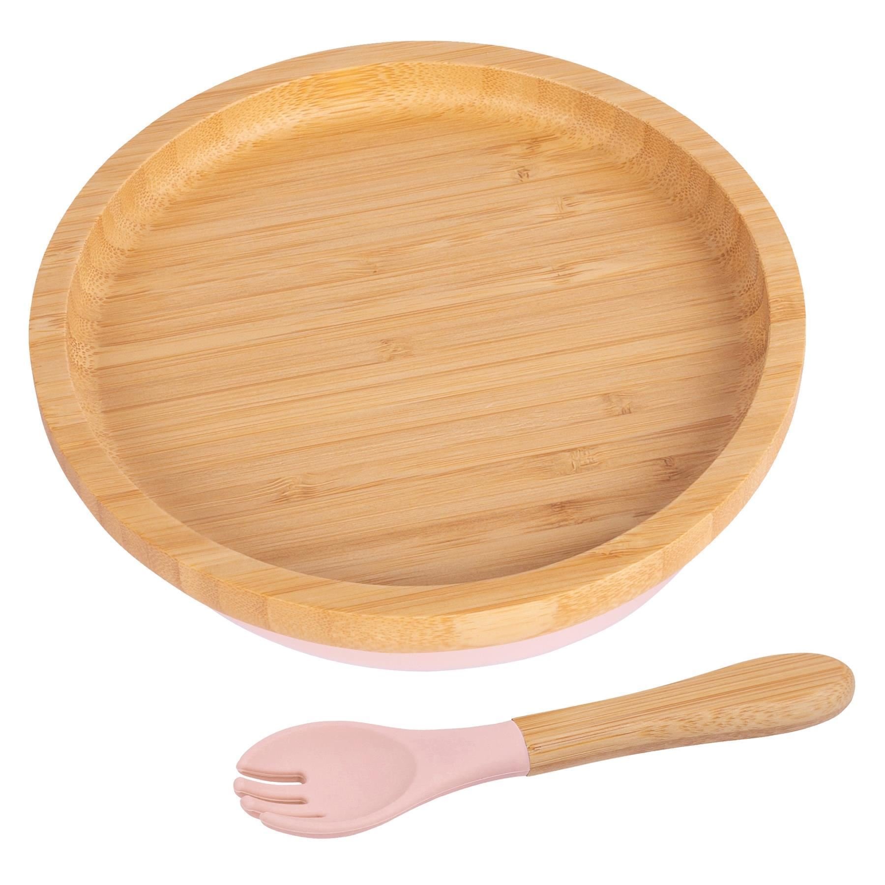 Tiny Dining Bamboo Round Baby Weaning Plate & Fork Set - Pastel Pink