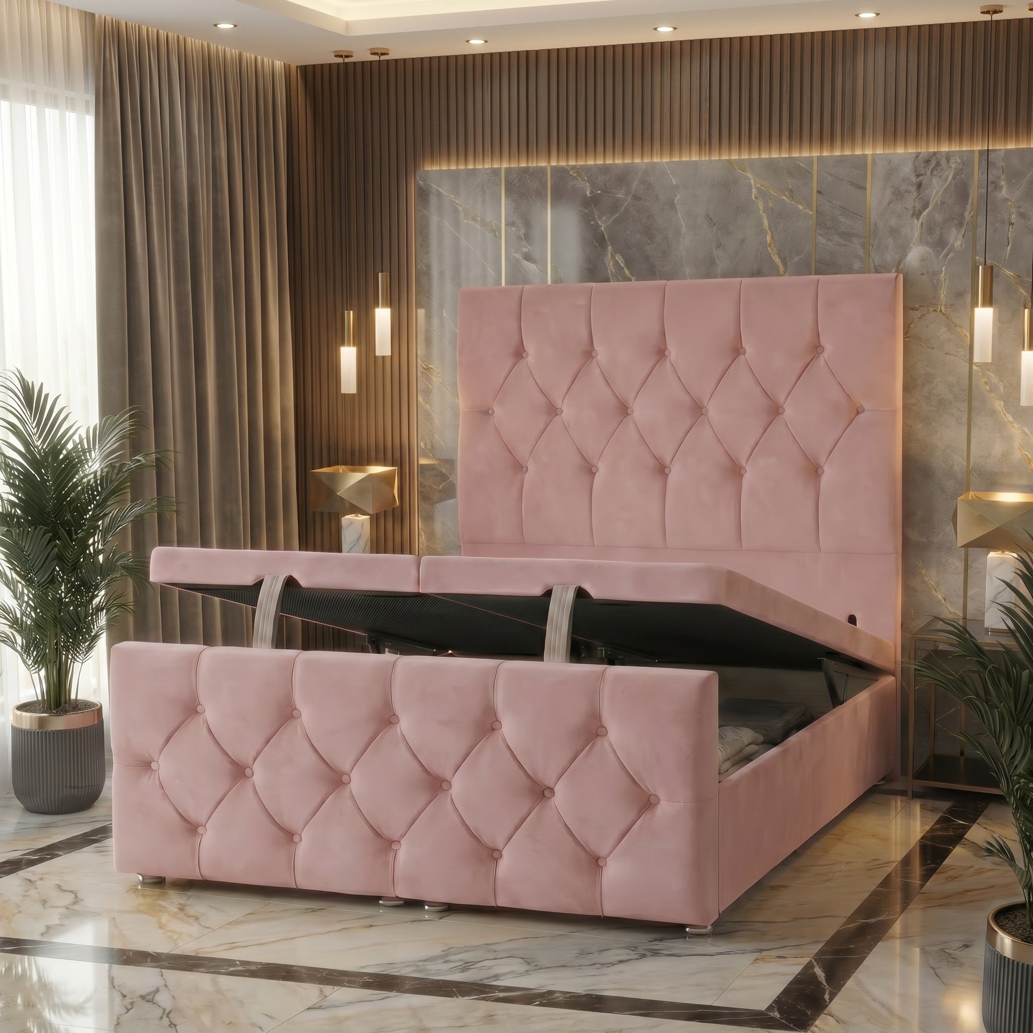 Somnior Chester Velvet King Ottoman Divan Bed with Footboard - Pink