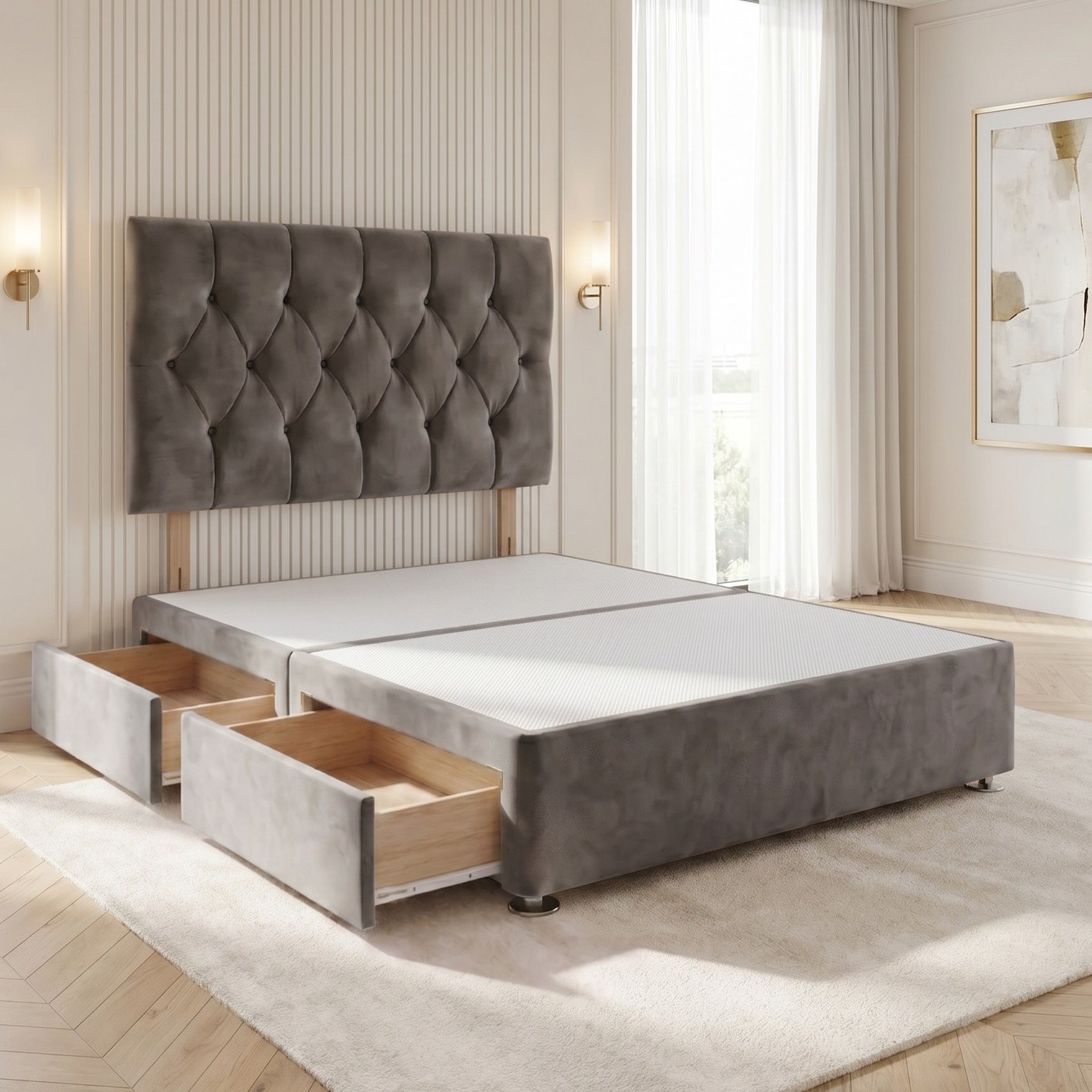 Somnior Chester Velvet Small Single 2 Draw Divan Bed with Headboard - Charcoal