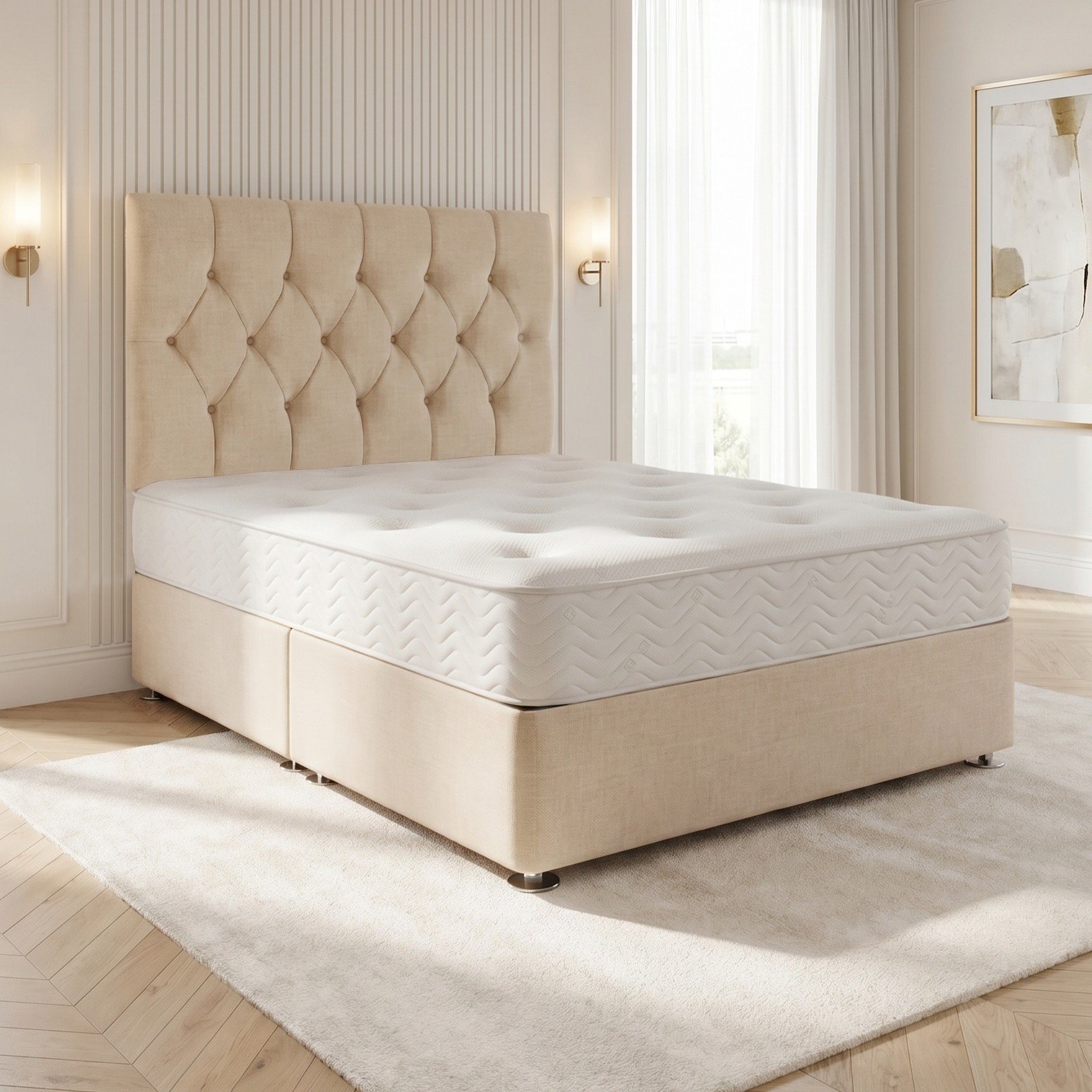 Somnior Chester Linen Single Open Coil Divan Bed Set - Beige