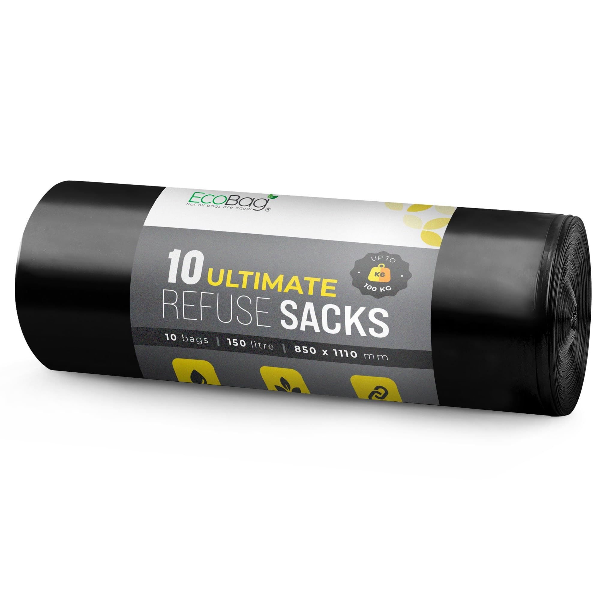 EcoBag Black 150L Ultra Strong Heavy Duty Bin Bags - Pack of 10