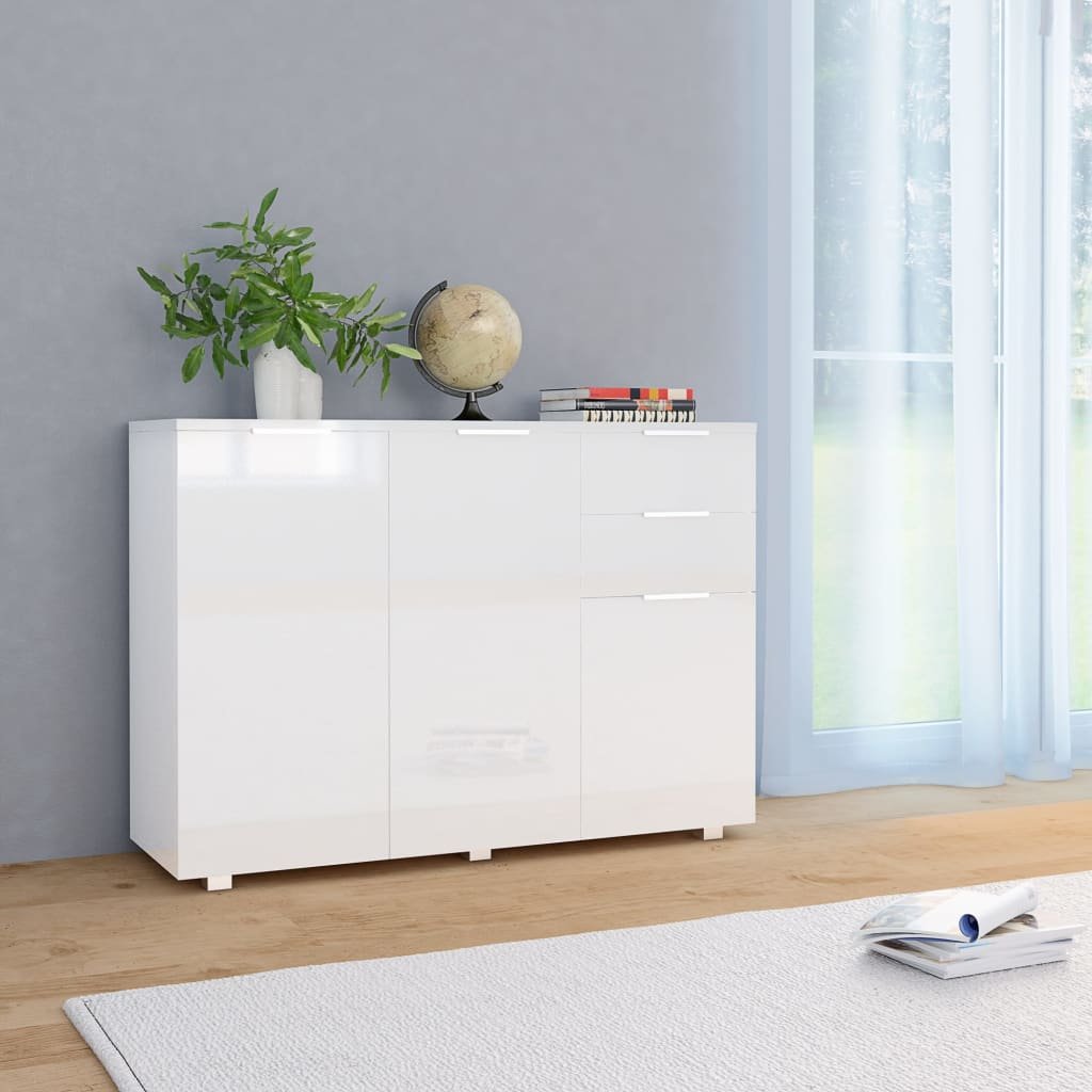 Walplus High Gloss Engineered Wood Sideboard - White - 107 x 35 x 80.5 cm