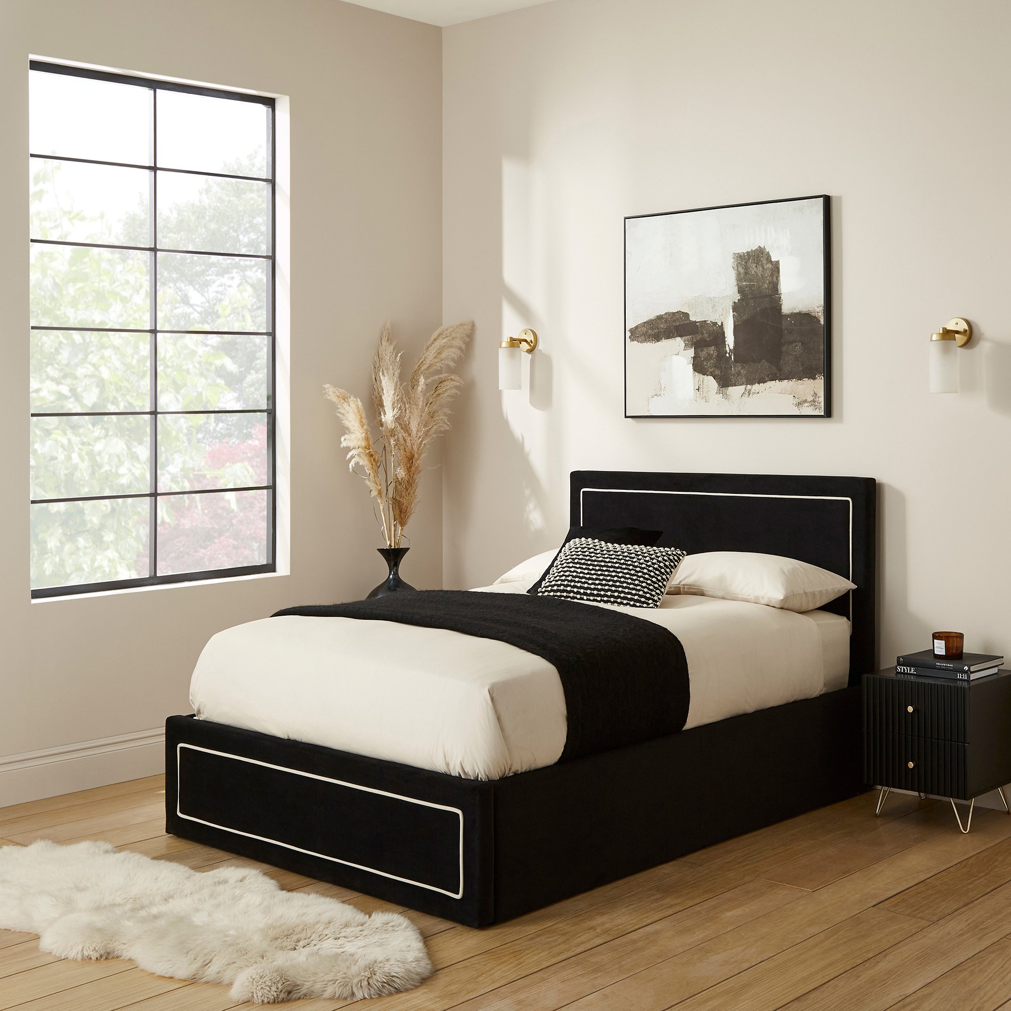 GFW Chloe Double Velvet End Lift Ottoman Bed with Mattress - Black