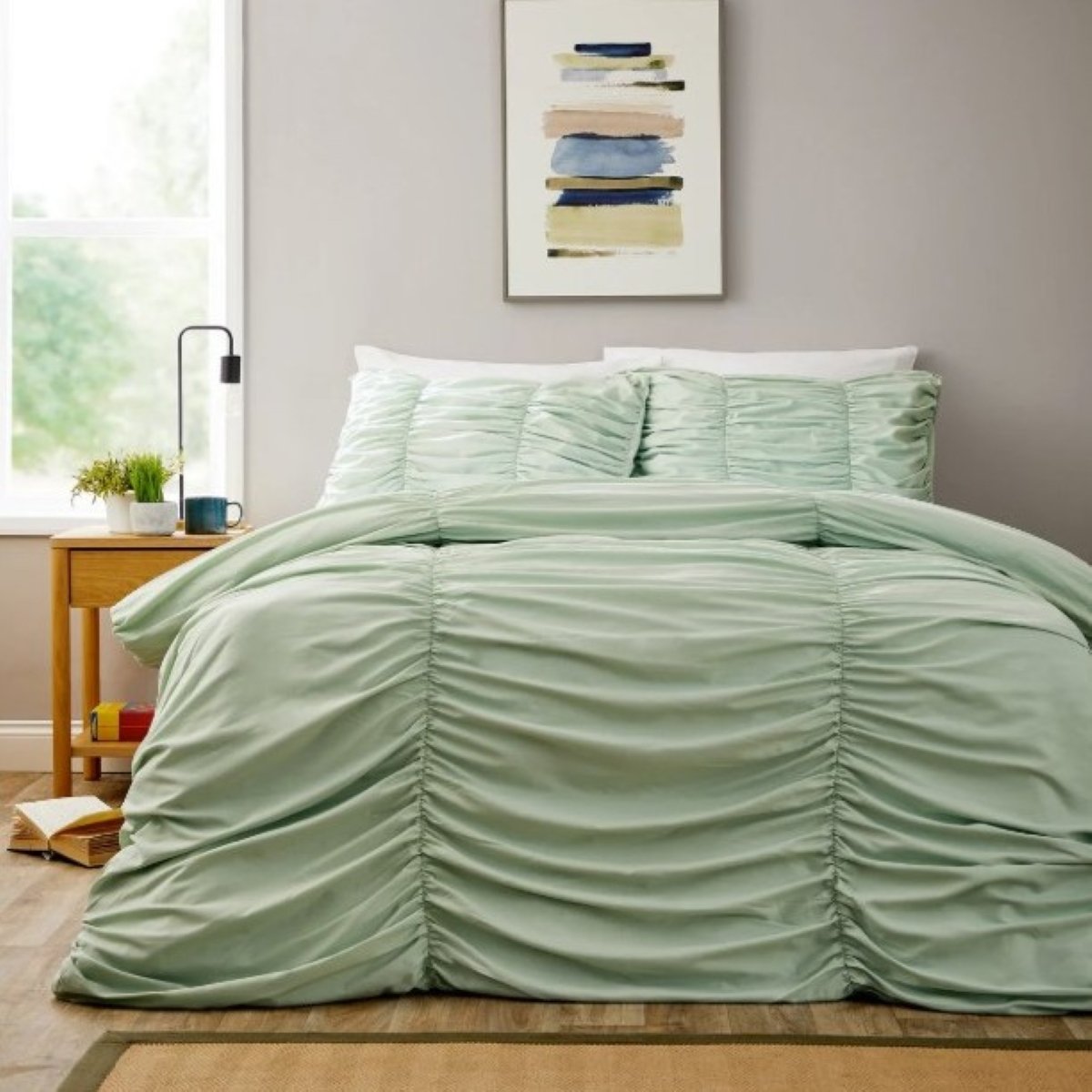 New Edge Blinds Ruched Sage Green Duvet Set - Super King