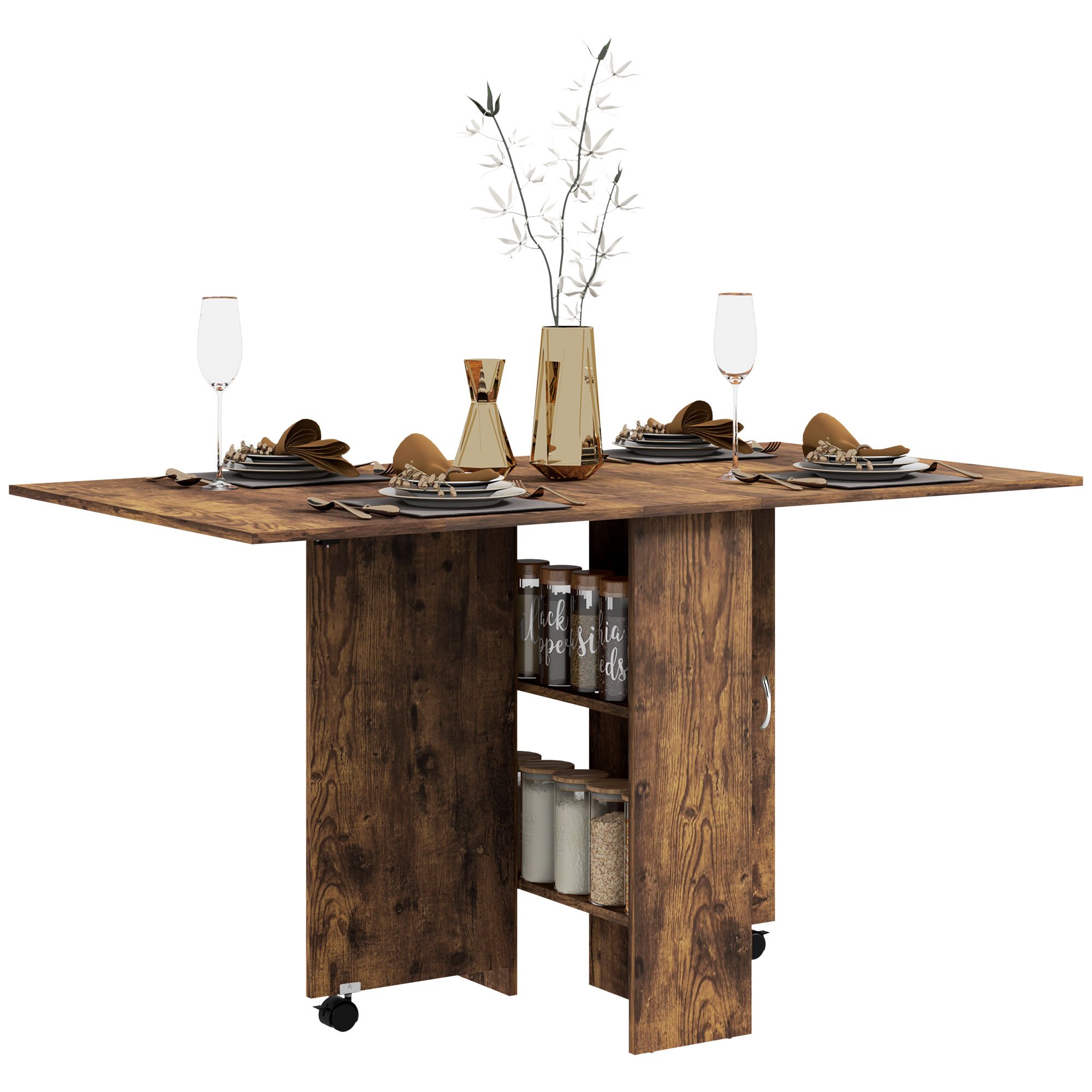 HOMCOM 80-140 cm Folding Dining Table with 2 Tier Shelves - Rustic Brown
