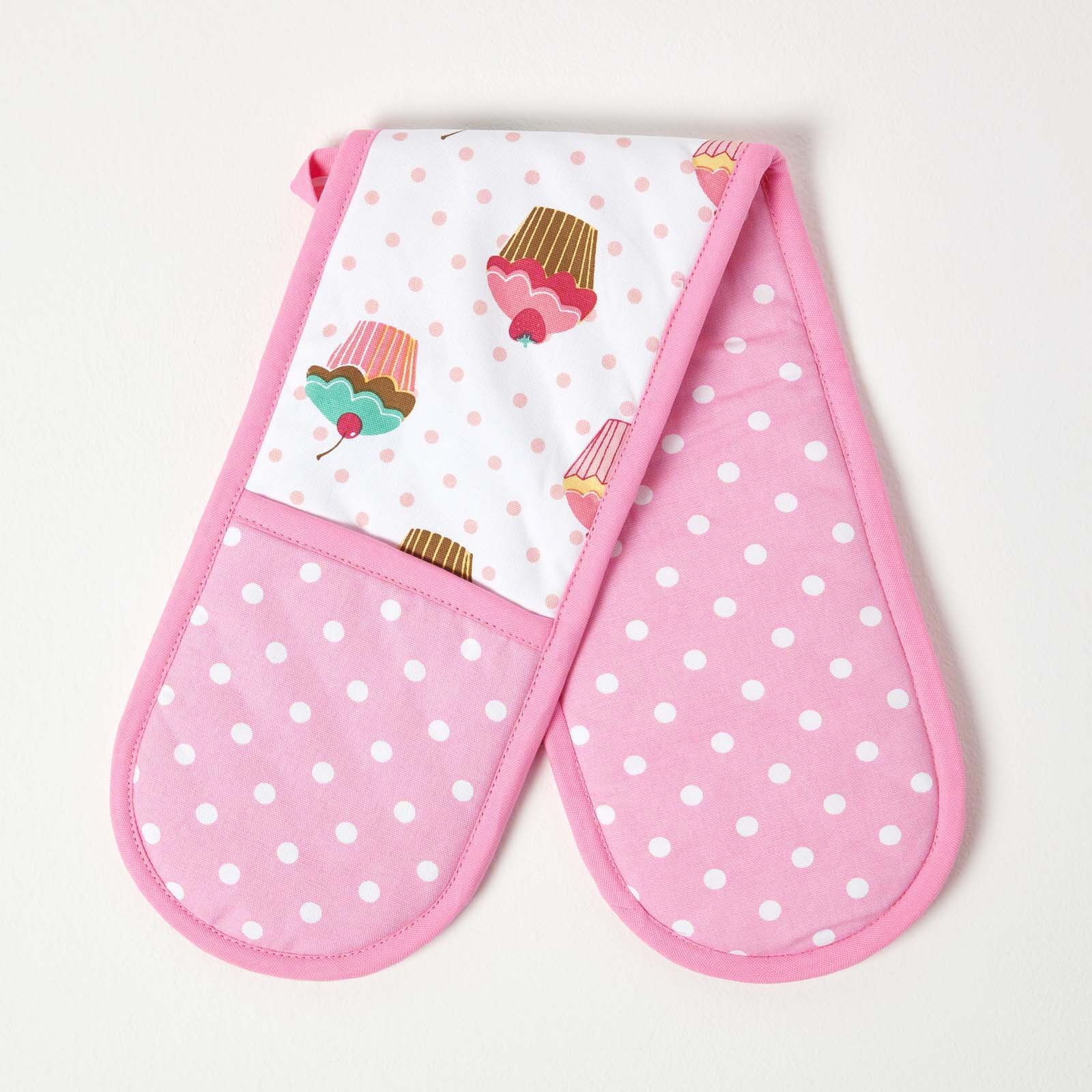 Homescapes Cotton Oven Gloves - Cupcakes Pink Blue