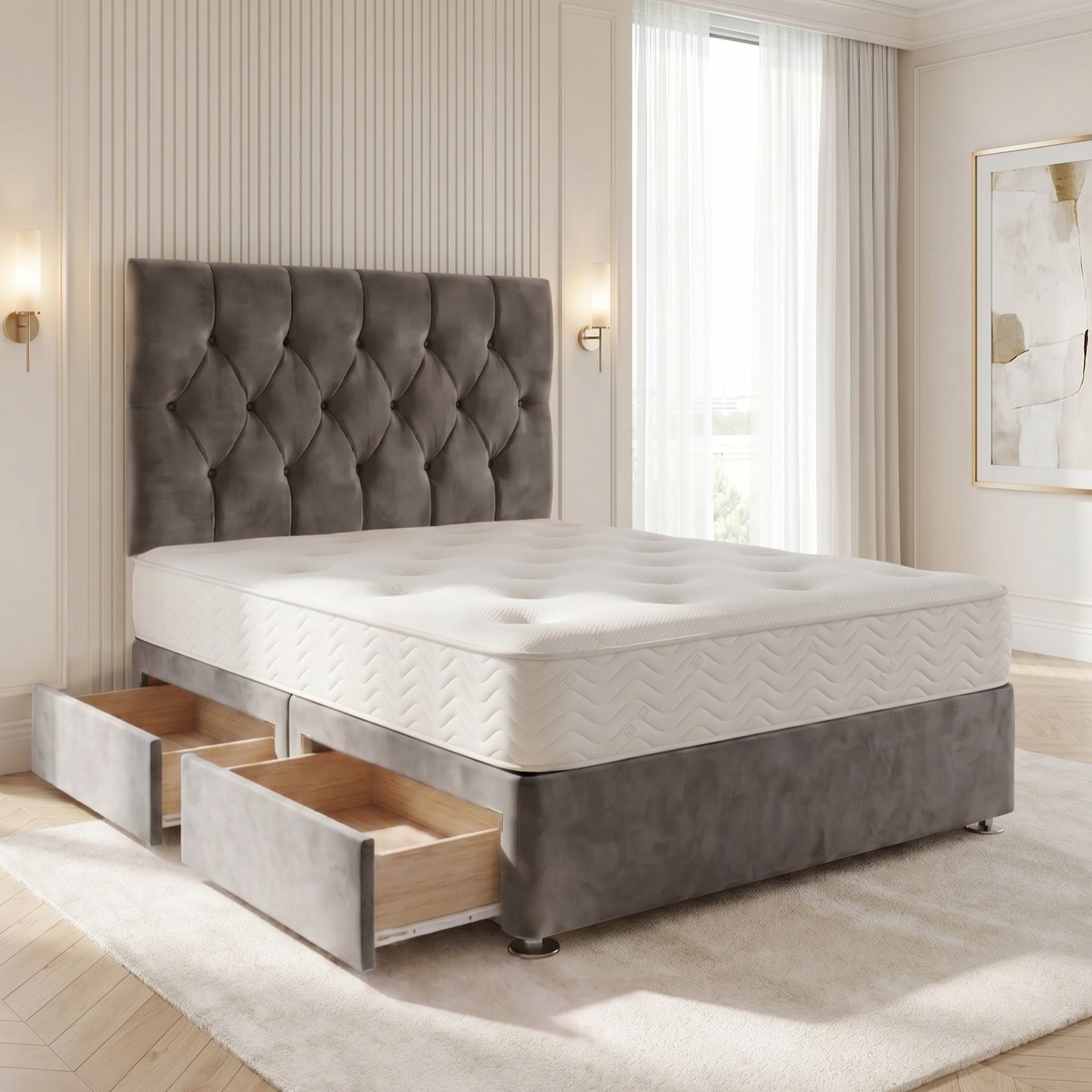 Somnior Chester Velvet Single 2 Drawer Open Coil Divan Bed Set - Charcoal