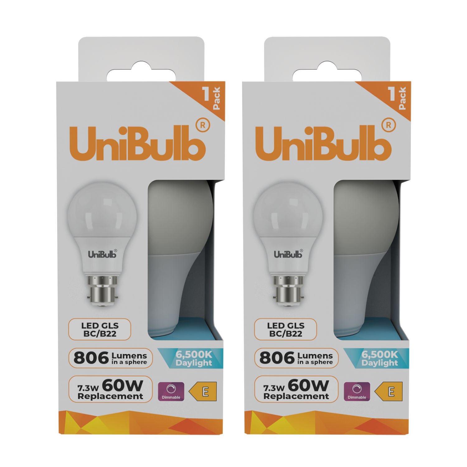 UniBulb 7.3W LED Daylight Dimmable GLS B22 Light Bulb - Pack of 2