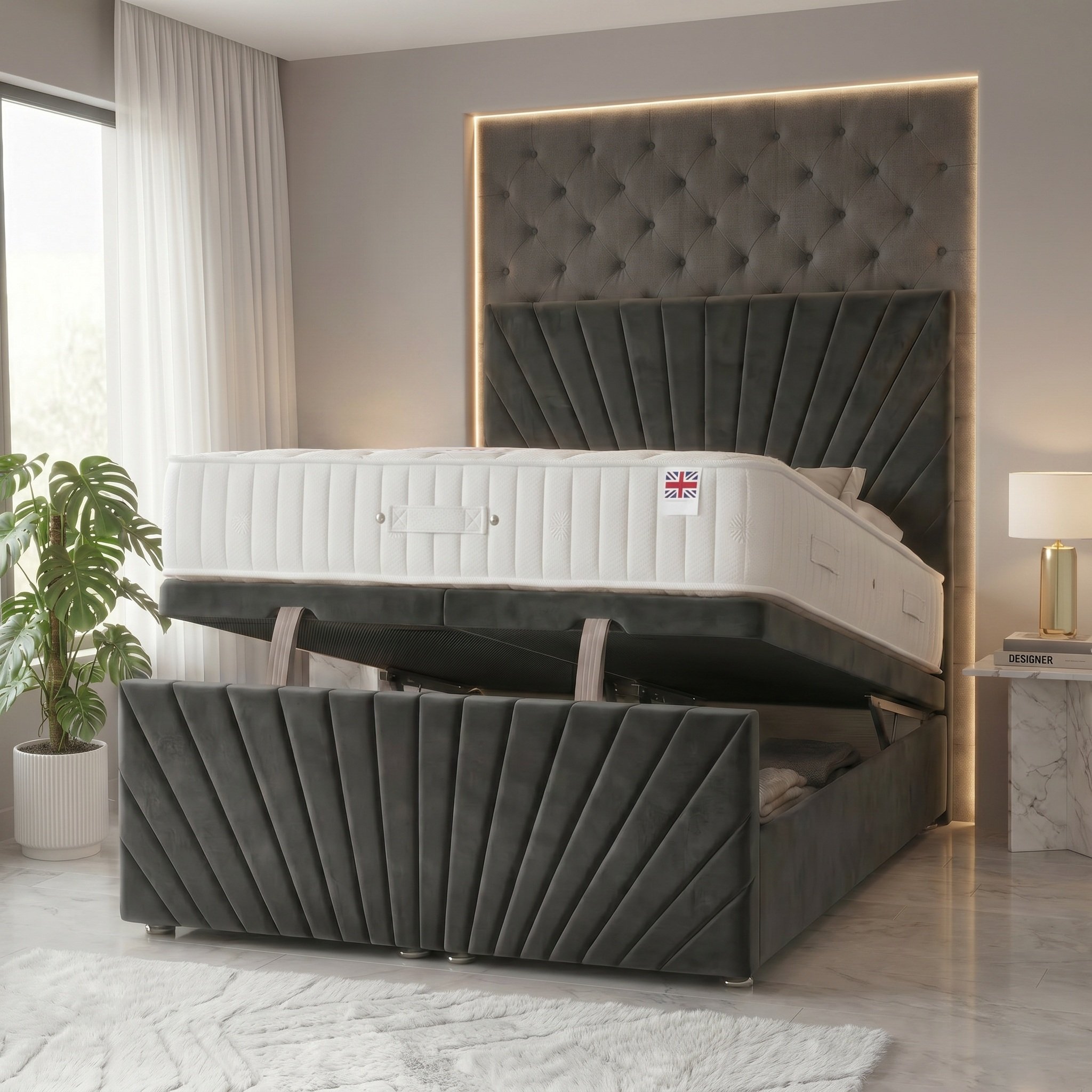 Somnior Velvet King Ottoman Divan Bed with Memory Mattress - Charcoal