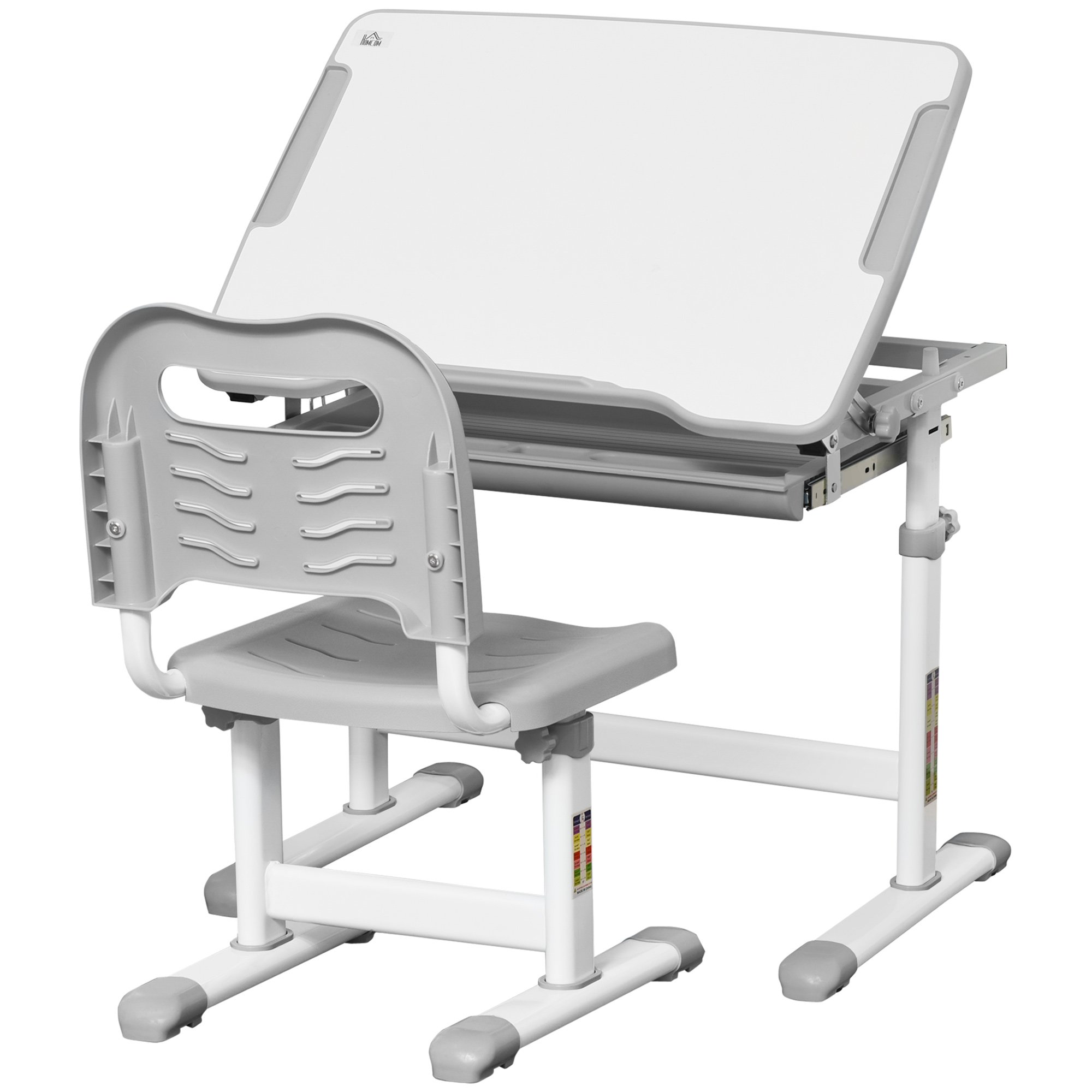 HOMCOM Adjustable Tilt Drawer Pen Slot Hook Kids Desk Chair Set - Grey
