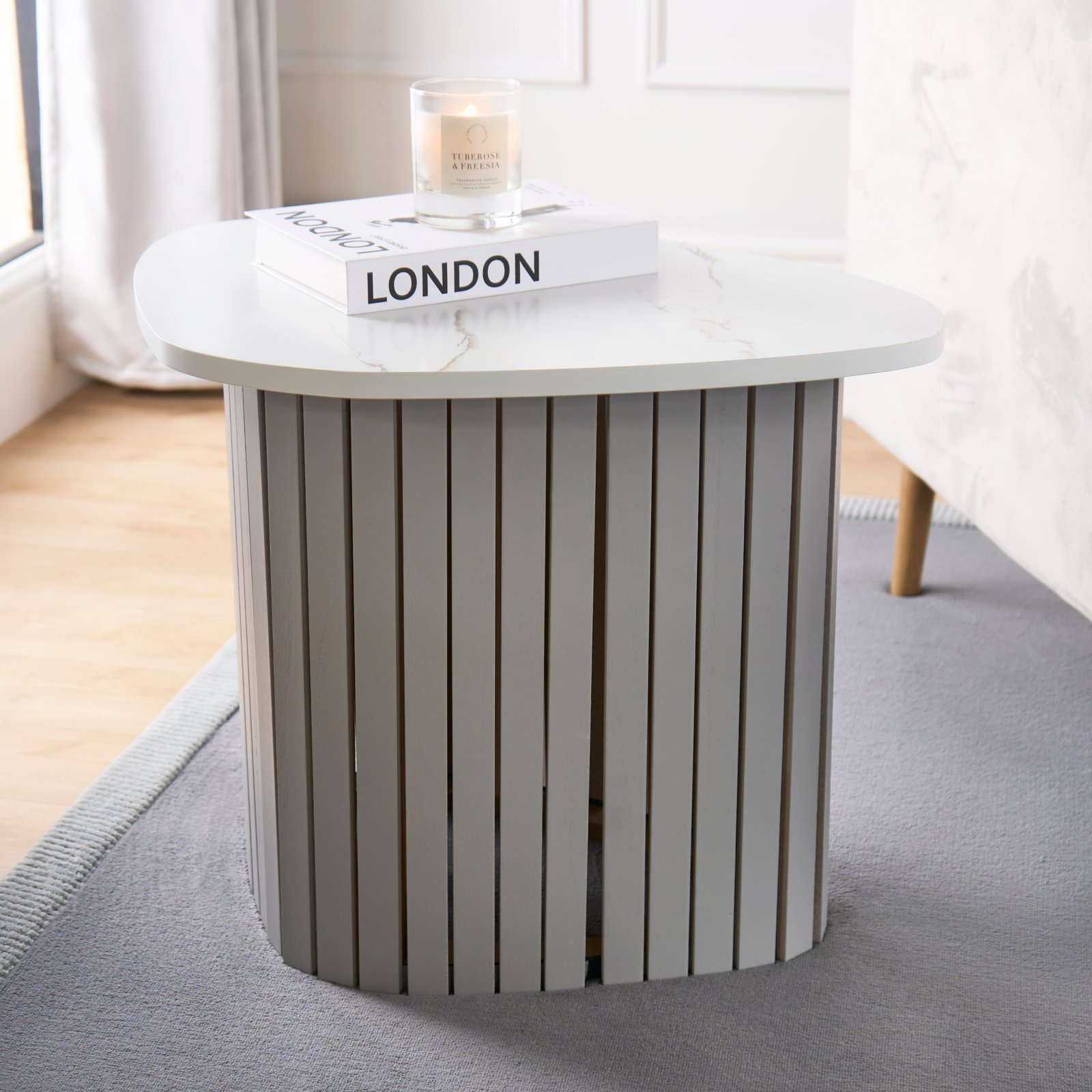OHS Madison Ribbed Side Table - Grey White Marble