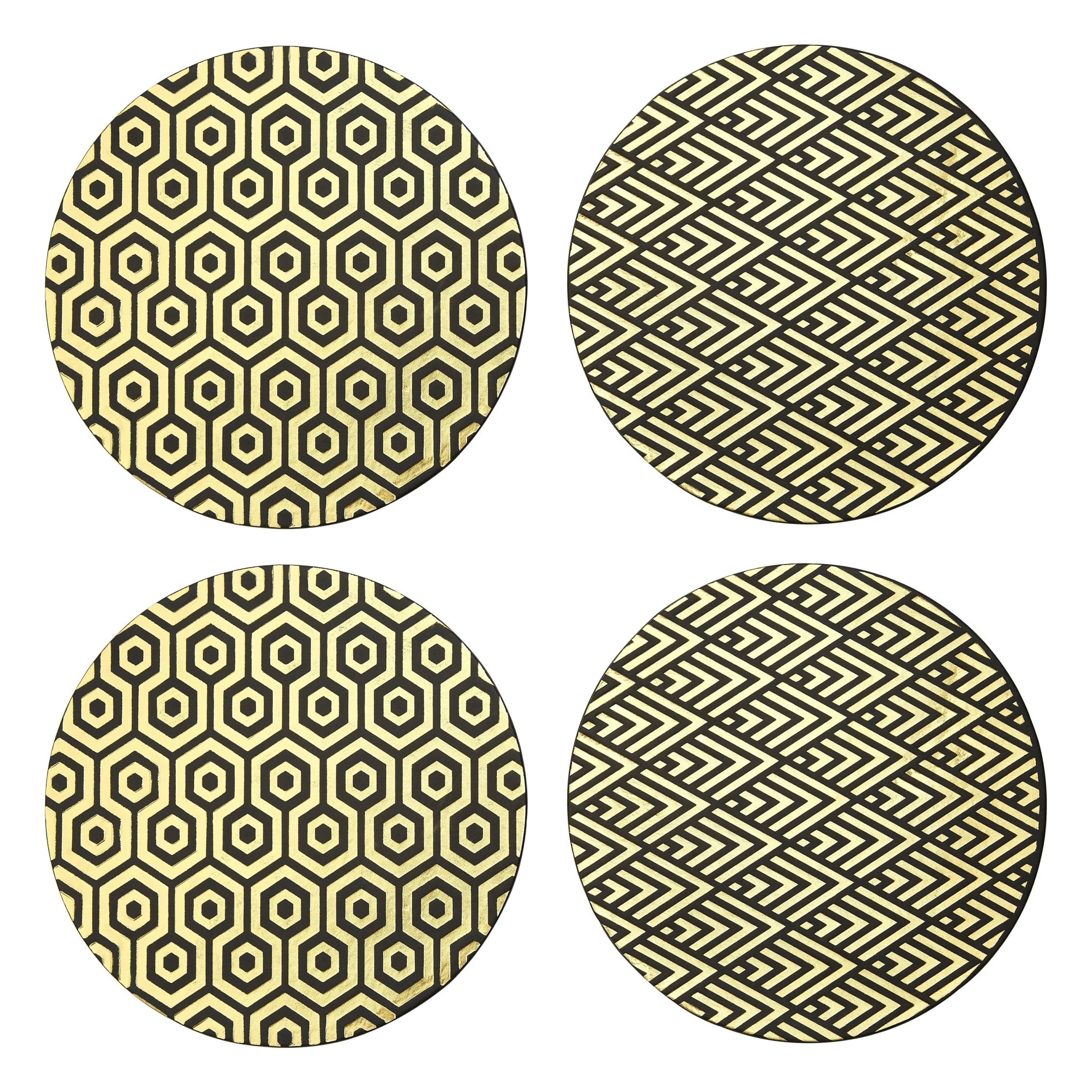 Orsina Geome Set Of 4 Leather Effect Placemats - Black And Gold